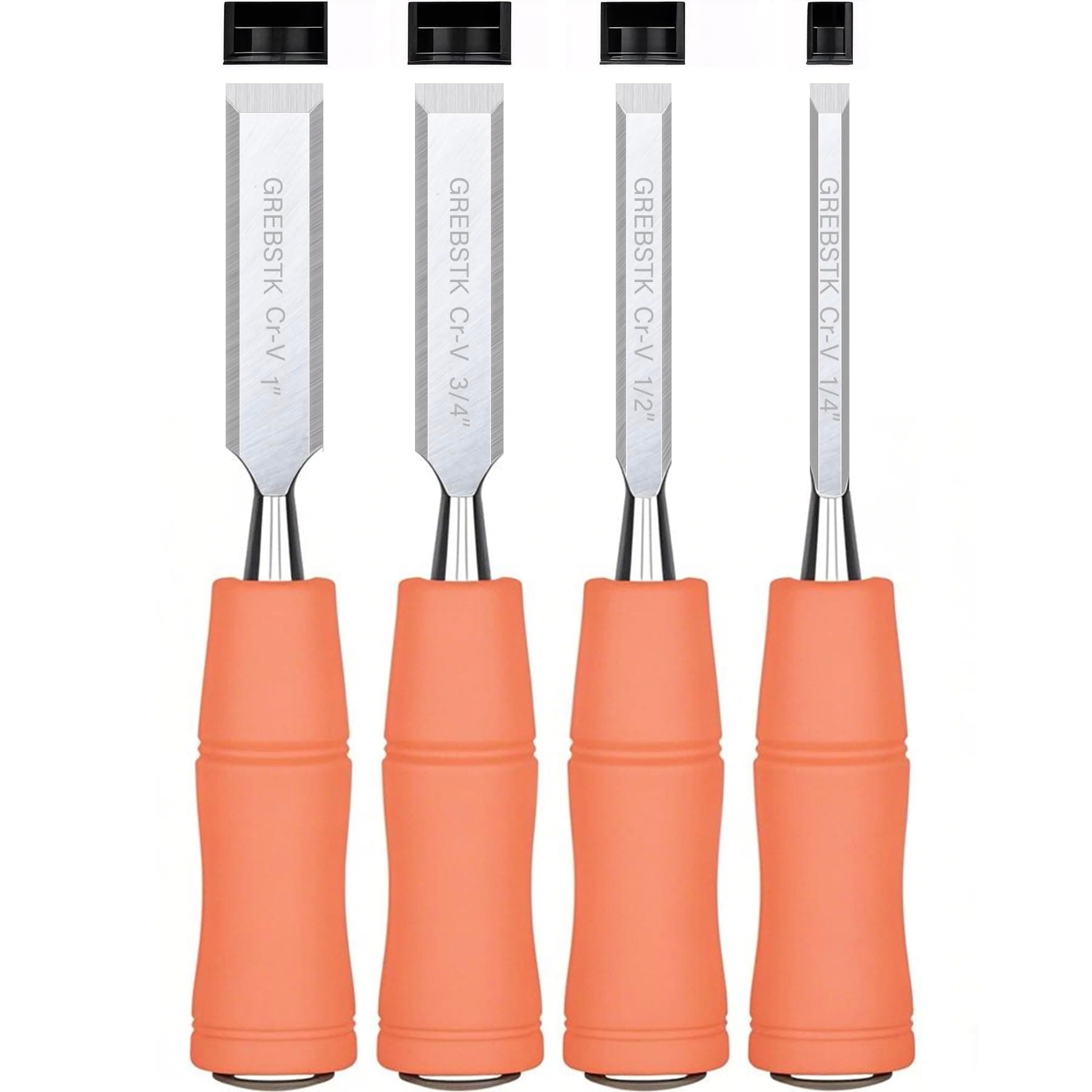 GREBSTK 4PCS Wood Chisel Set, Burr-Free CR-V Steel Beveled Blades, 25° Bevel Edge, Ergonomic Handle with Blade Guards for DIY & Woodworking (1/4", 1/2", 3/4", 1")
