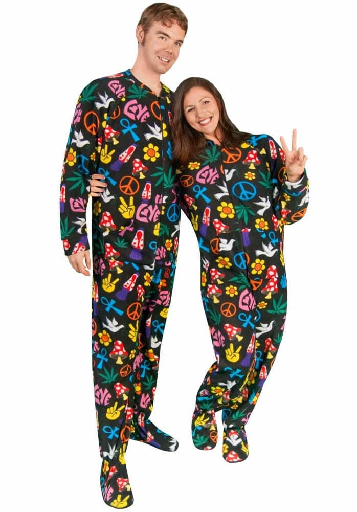 Adult Footed Pajamas Drop Seat Peace Sign Fleece