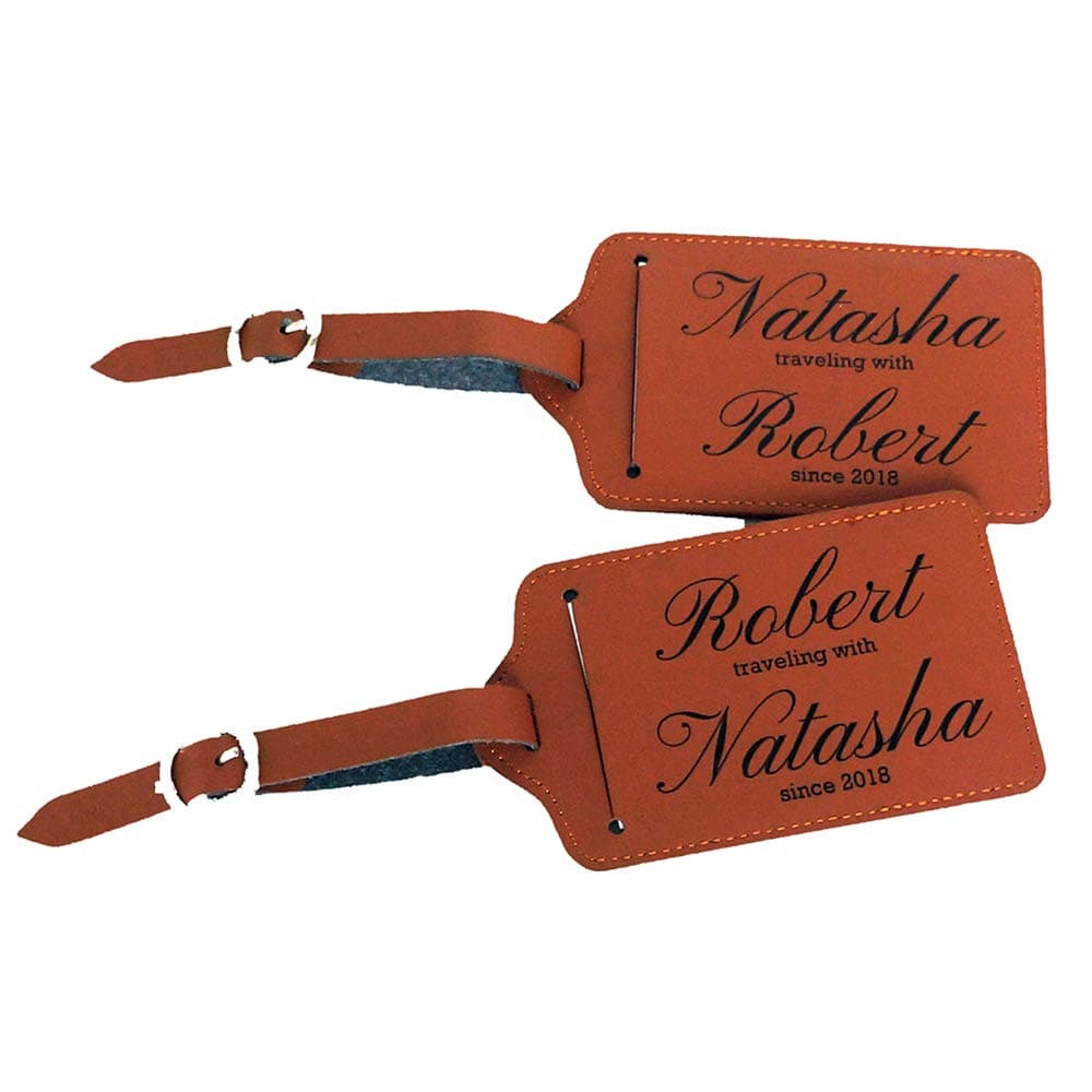 Personalized Set of 2 Leather Luggage Tags, Custom Luggage Tag, Wedding Gift, Honeymoon Traveler Gift (Brown)