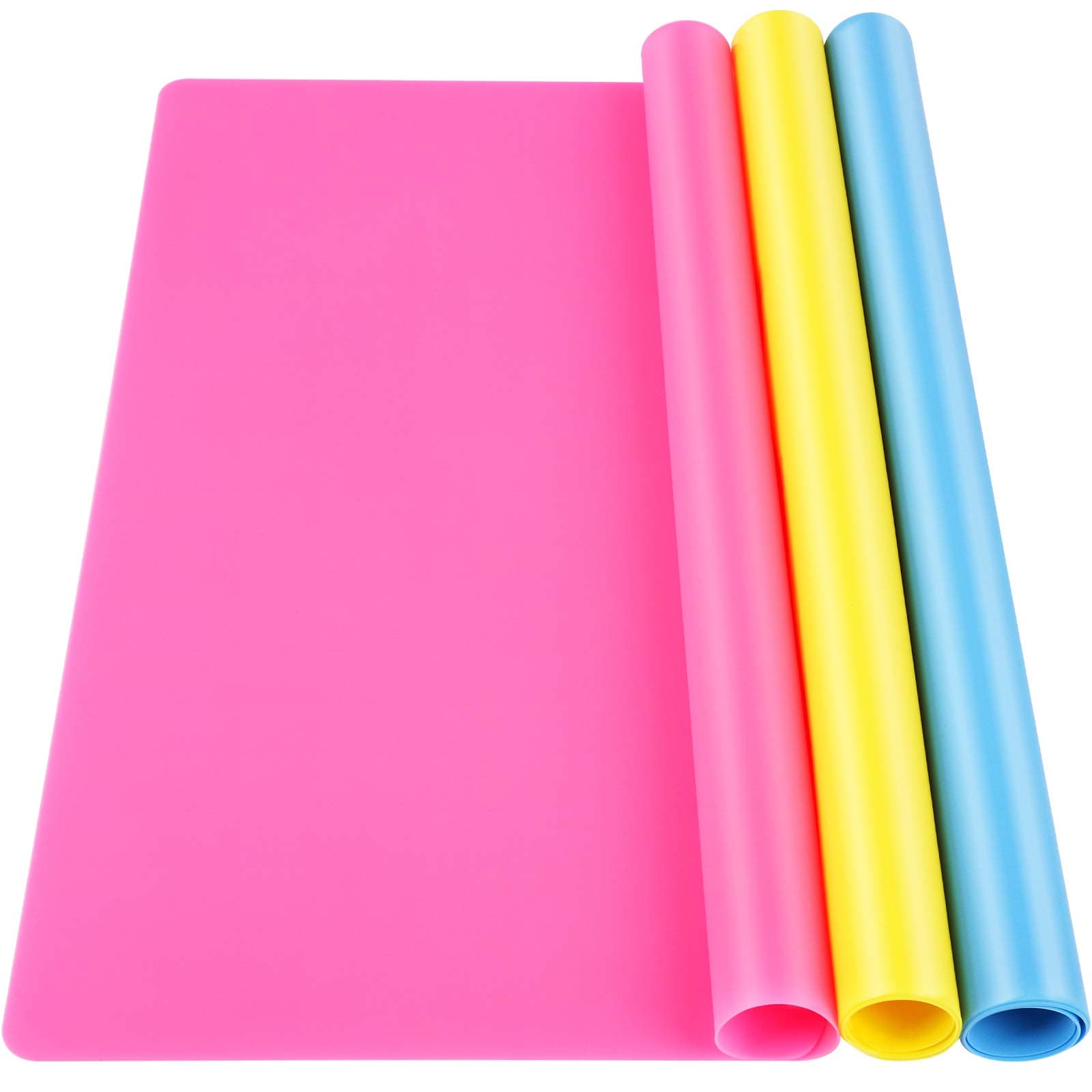 LEOBRO Silicone Mat, 3 PCS Silicone Mats for Crafts, Resin Molds, Play Dough Mat, Clay Mats, for Epoxy Resin, Crafts, Yellow & Hot Pink & Blue, 15.7”x 11.7