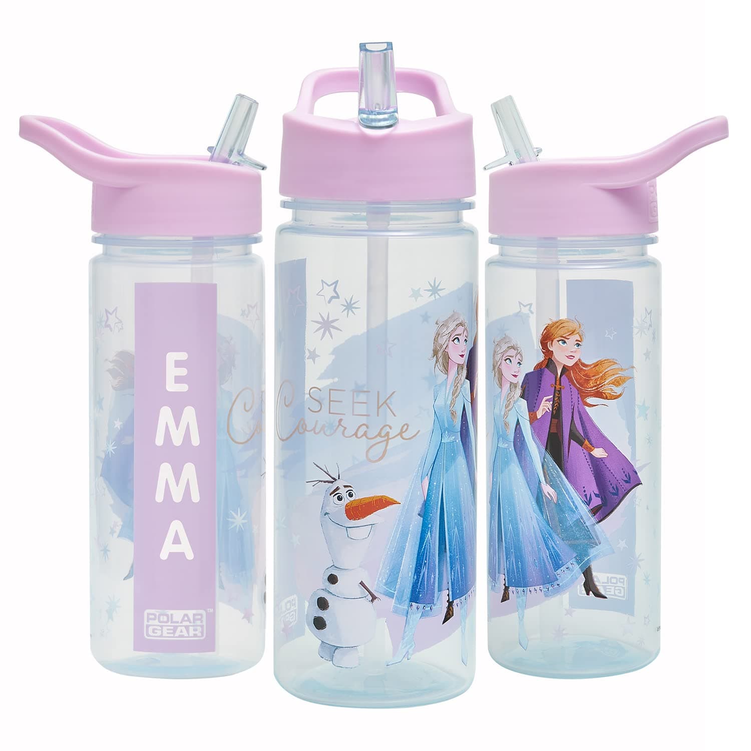 Disney Frozen Magic Personalised Sticker Water Bottle with Straw 500ml – Official Merchandise by Polar Gear, Kids Reusable Non Spill BPA Free Tritan – Ideal For School Nursery Sports Picnic - Purple