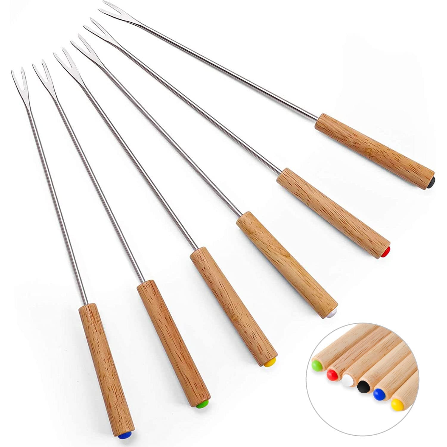 Set of 6 Stainless Steel Fondue Forks, 9.5 Inches Cheese Fondue Sticks Smore Sticks with Wooden Handle Heat Resistant for Chocolate Fountain Cheese Fondue Roast Marshmallows Fruits
