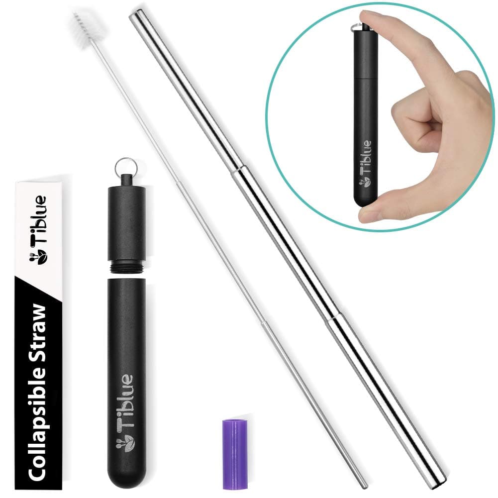 Reusable Collapsible Straw, 9.25'' Portable Stainless Steel Metal Straws, Drinking Straw & Telescopic Reusable Straws with Case, Cleaning Brush, Silicone Tip for Christmas Gift for Family (Black Case)