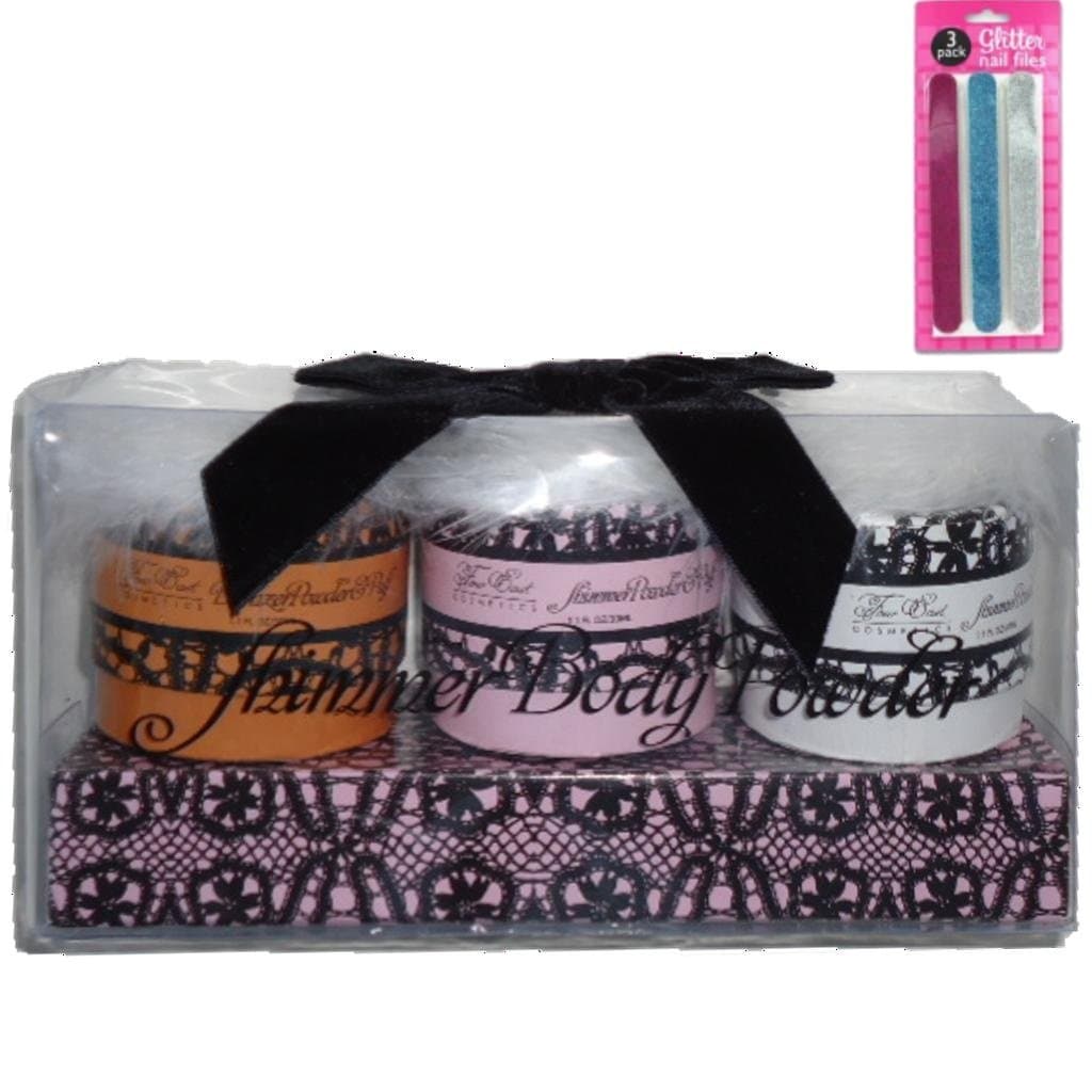 3-Pack Shimmer Body Glitter Powder Gift Set Plus Bonus Pack of Glitter Nail Files