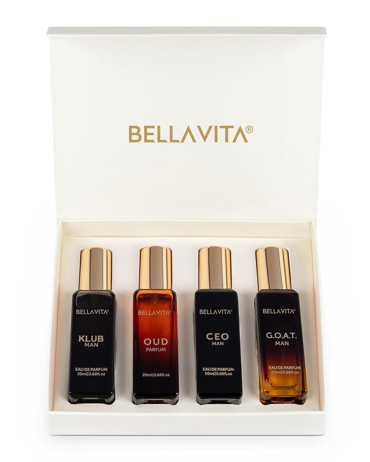 BellaVita- Luxury Men's Perfume Gift Set, 4 x 20 ml, Woody, Citrusy, Long Lasting EDP Fragrance Scent,with KLUB, OUD, CEO, G.O.A.T Perfume