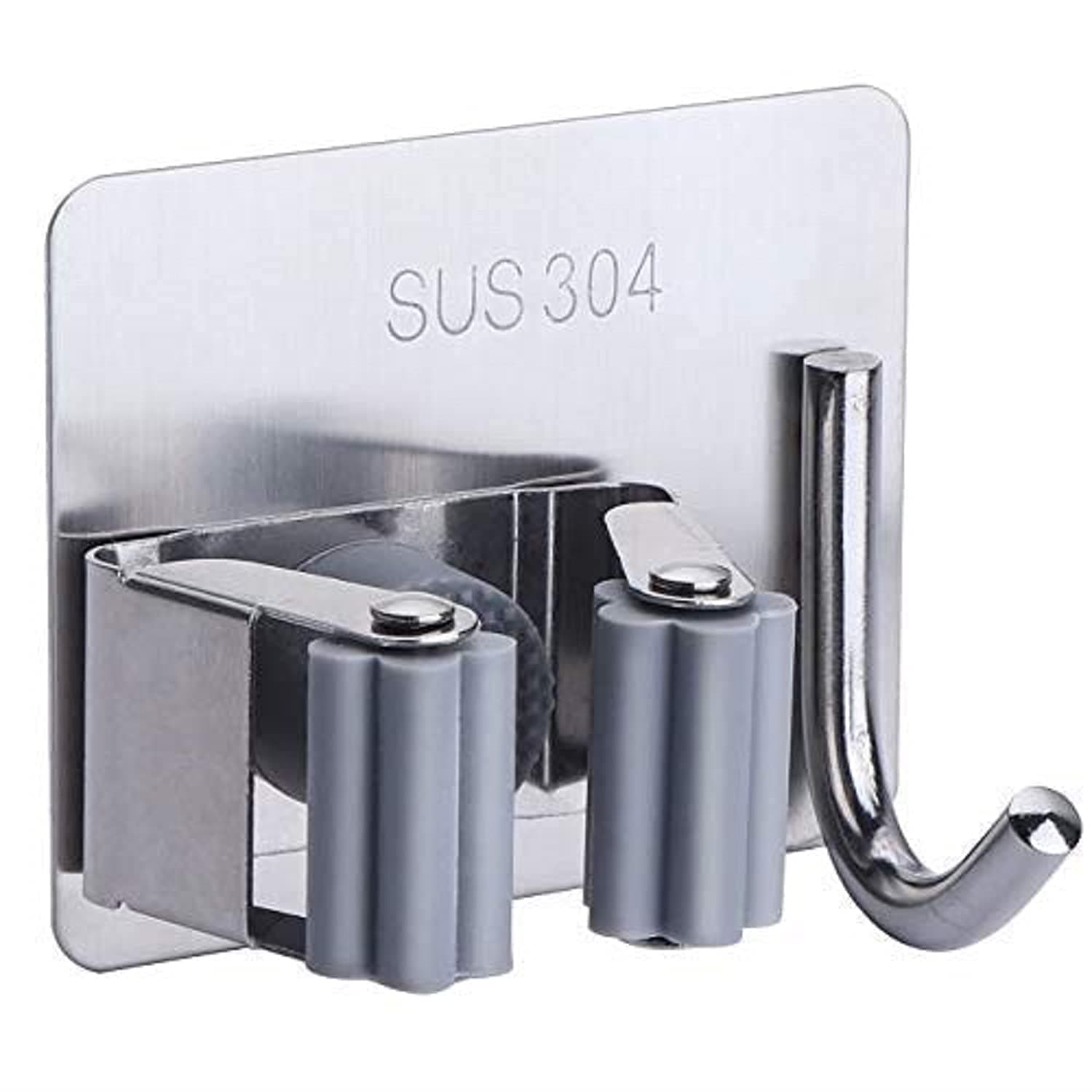 JIALTO 1 PCS Stainless Steel Broom Holder with Hook - Wall-Mounted Adhesive Waterproof Rustproof Heavy Duty Broom and Mop Stick Holder for Home