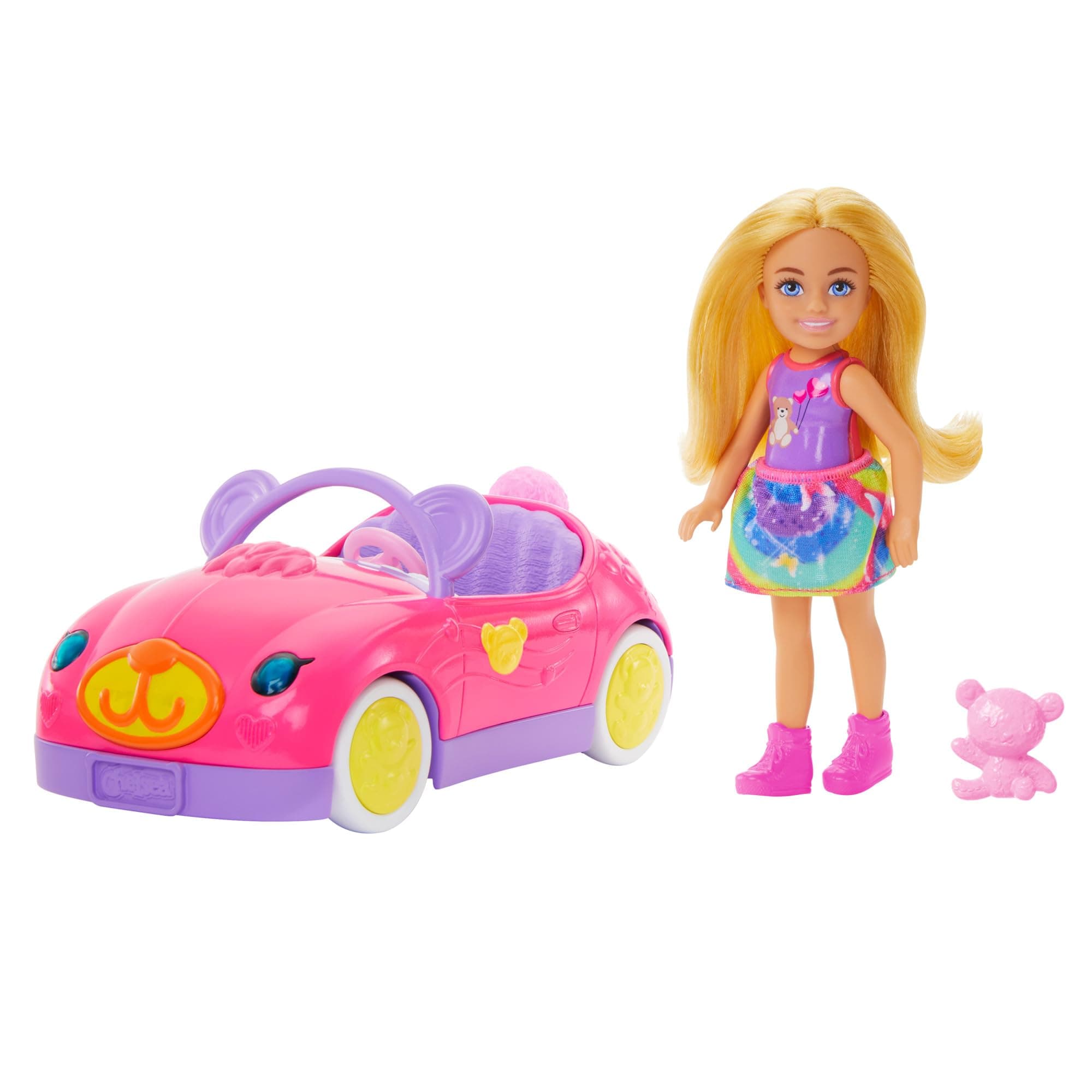 Barbie Chelsea Toy Car Set with Bear-Themed Convertible & Teddy Bear Accessory, Blonde Small Doll Wears Removable Skirt & Shoes, HXN05