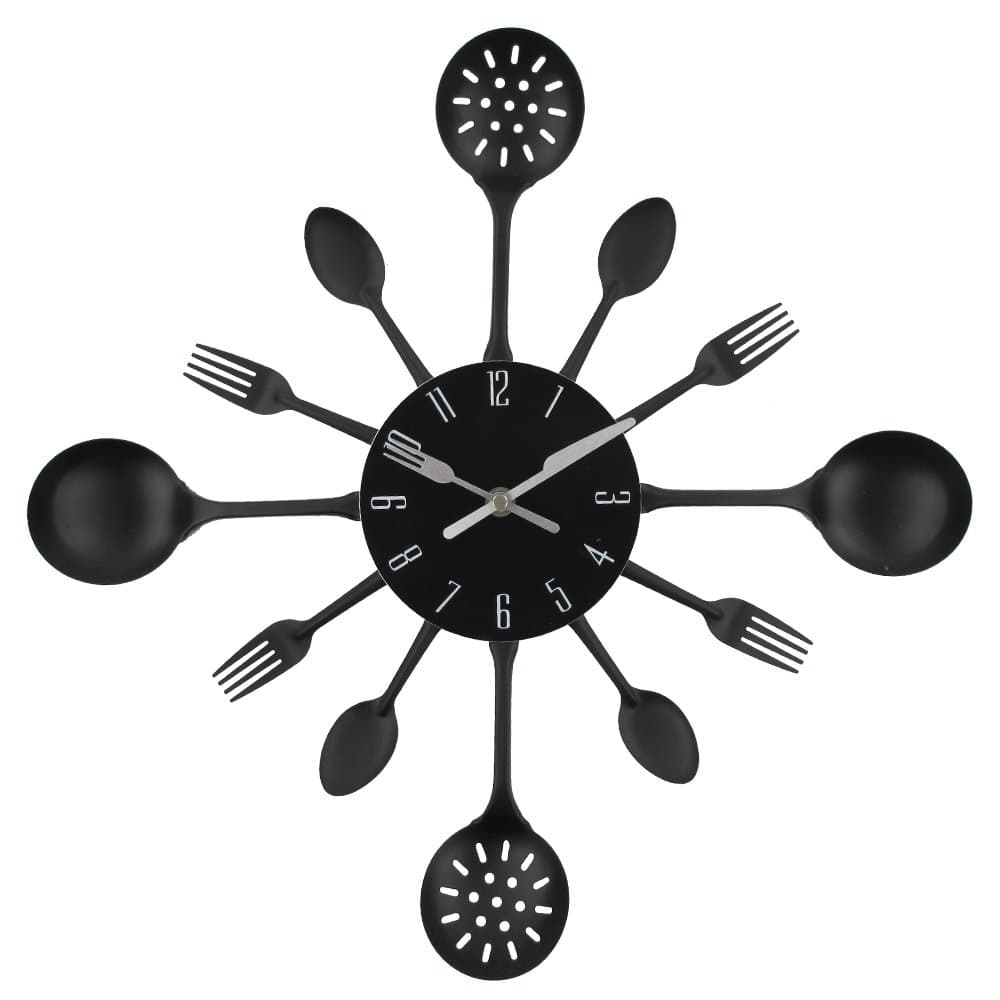 Timelike Wall Clock, 16" Metal Kitchen Cutlery Utensil Spoon Fork Wall Clock Creative Modern Home Decor Antique Style Wall Watch (Black)