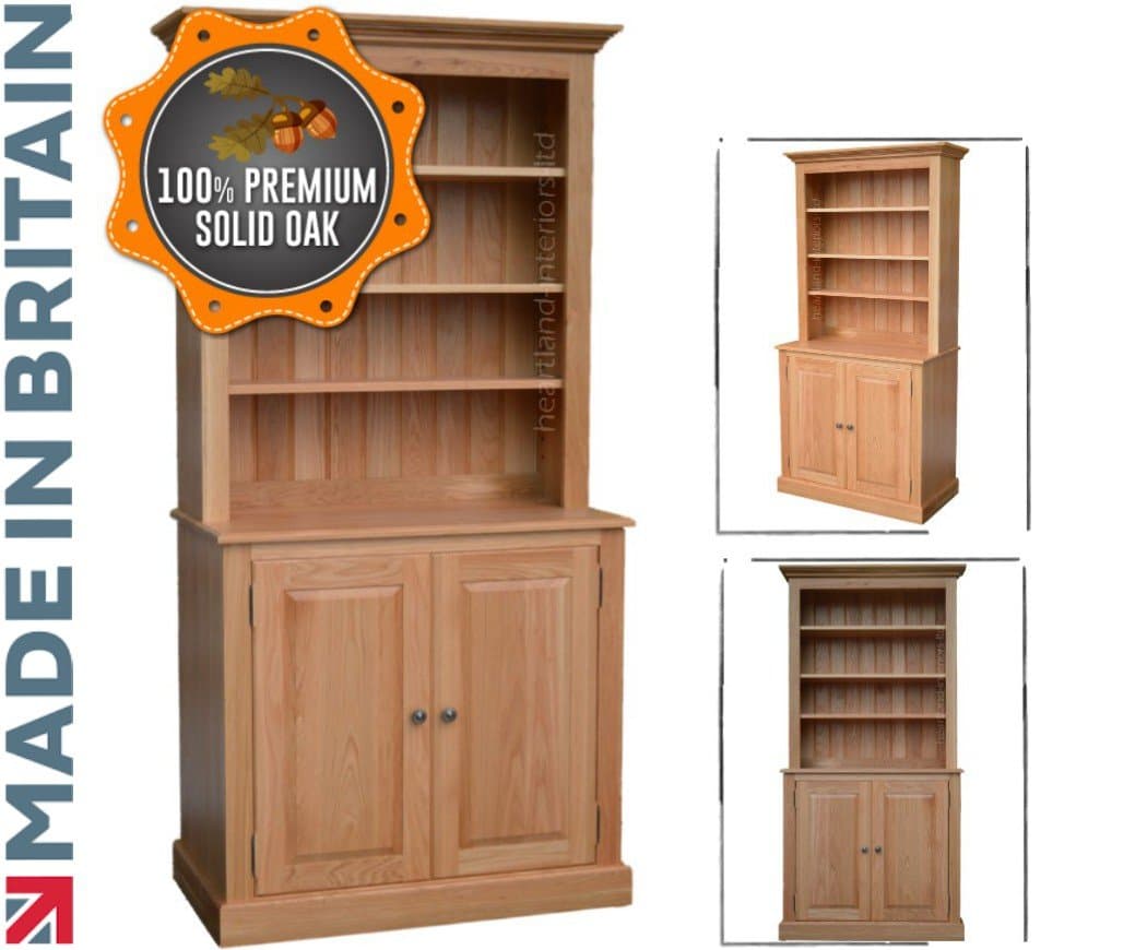 Heartland Oak 100% Solid Oak Bookcase Dresser, 3ft Wide Handcrafted Open Top Buffet Hutch Range, No flat packs, No assembly (OTD3-OK)