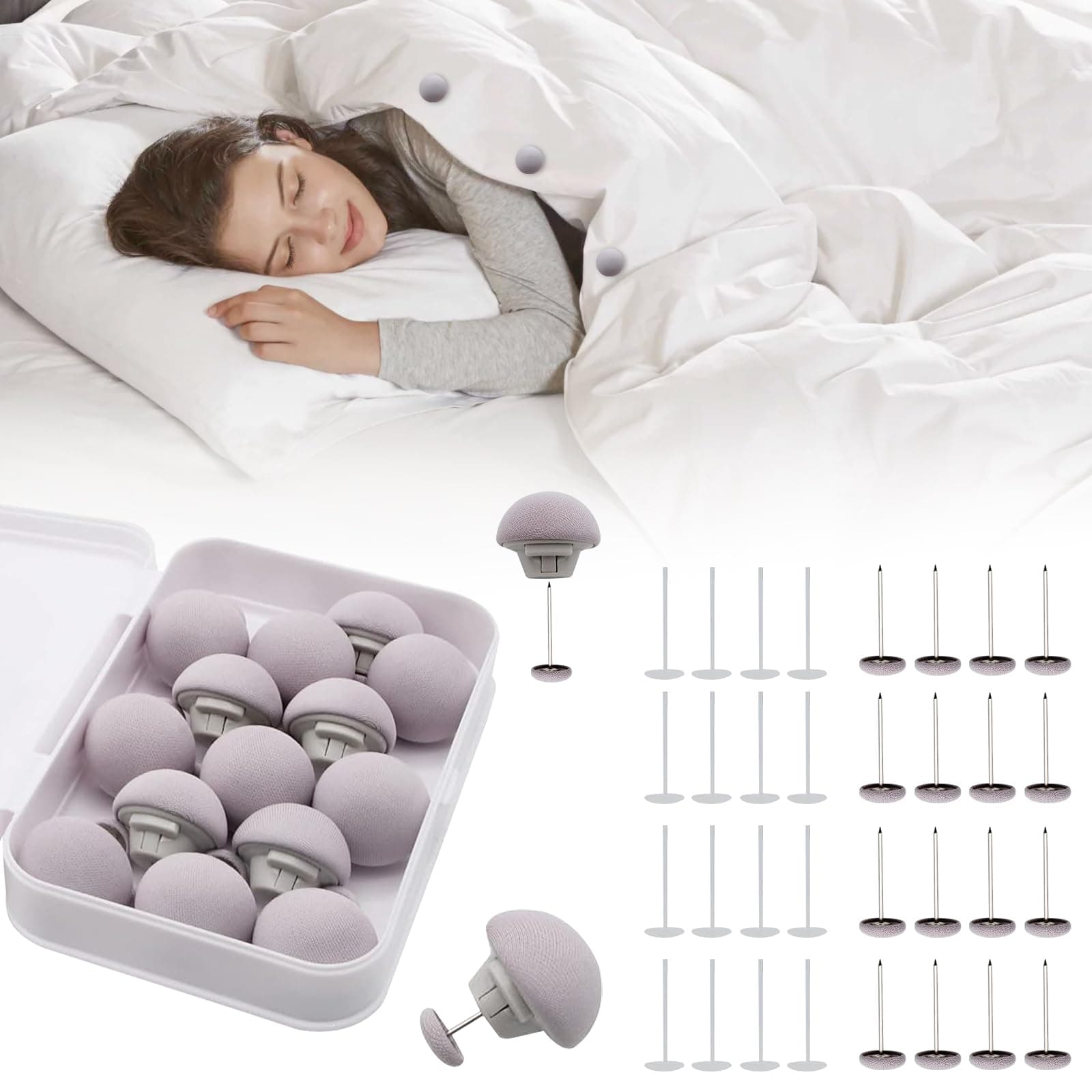 MQUPIN Quilt Fixing Clips,16 Pcs Duvet Cover Clips,Mushroom Round Fixing Clips with Buttons,Bedroom Duvet Fixing Holder Quilt Cover Pins with Box (Grey)