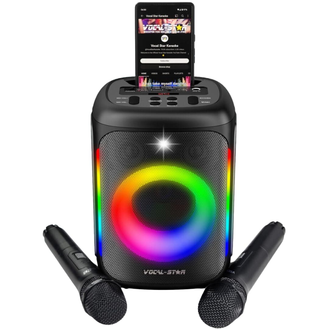 – Vocal-Star VS-275 Karaoke Machine with 2 Wireless Microphones, Portable Bluetooth Speaker with phone holder, 80w Speaker, Light Effects, Records Singing, TWS, AUX, Rechargeable