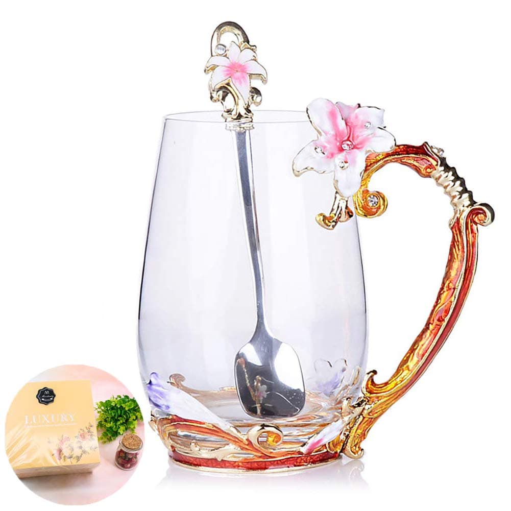 Tea Cup, Mother’s Day Gifts, Coffee Mug Cups, Lily Flower Glass Tea Cup, Unique Personalized Birthday Present Ideas for Women Grandma Mom Teachers Hot Beverages 13OZ Pink