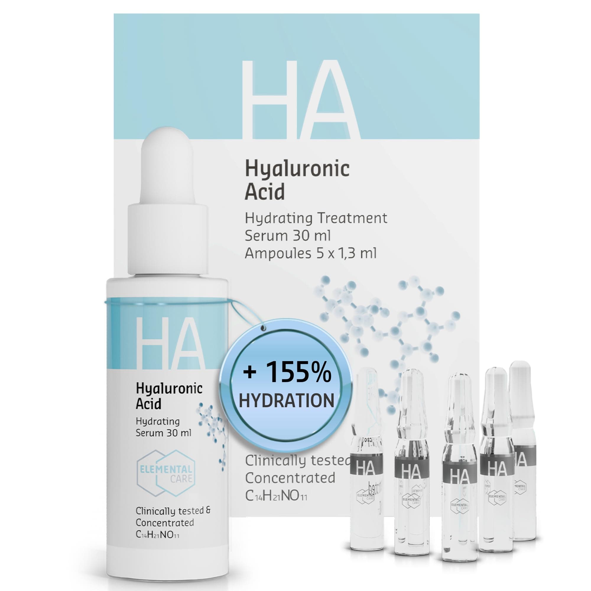 Elemental Care Hyaluronic Acid Hydrating Treatment Set – Face Serum 30ml with 5x1.3ml Ampoules for Intense Hydration, Natural Face Lift Effect and Smoother, Rejuvenated Skin