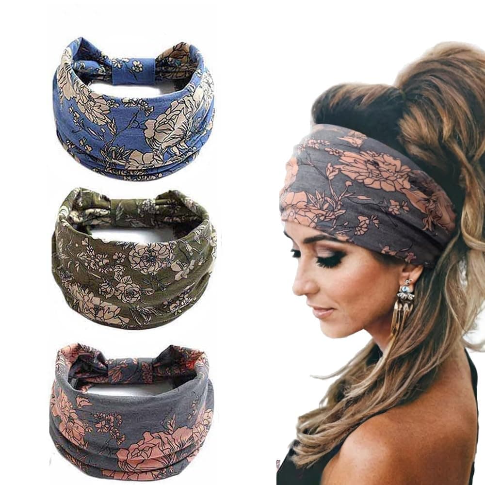 Duomama Boho Bandeau Headbands, Wide Knot Hair Scarf Floral Printed Hair Band - 3 Pack - Elastic Turban, Thick Head Wrap, Stretch Fabric Headbands - Fashionable Hair Accessories