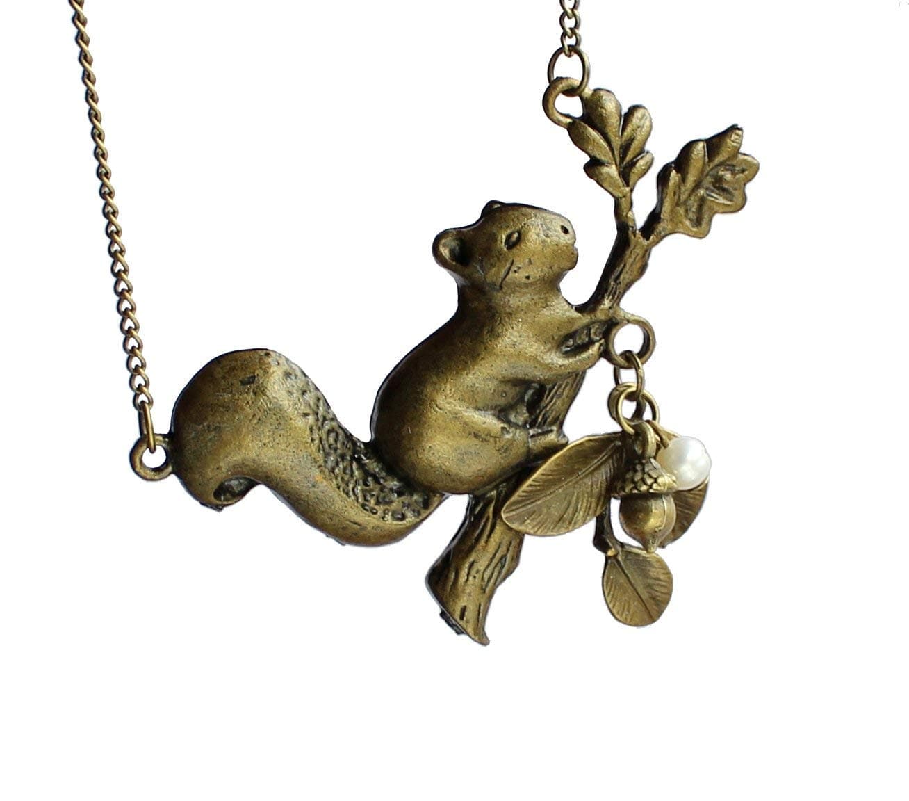 Squirrel Necklace Squirrels Picking Pine Nuts Pearl bead Necklace Autumn Necklace, Animal Necklace Children Necklace