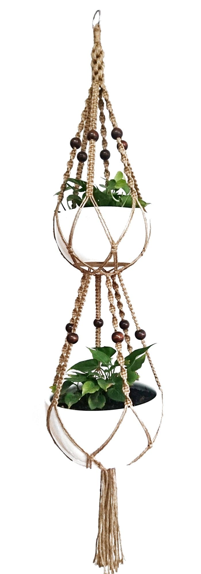 6 Legs Macrame Plant Hanger Natural Jute Double Plant Hanger & Holder with Metal Ring and 12 pcs Round Brown Wood Bead, 65-inches Length (Without the white pot and plant)