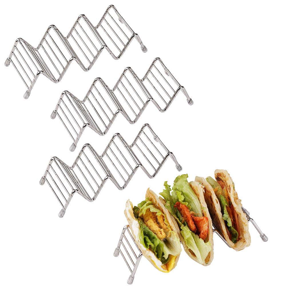 Disumos Taco Holder Stand 4 Packs Stainless Steel Taco Rack Good Holder Stand on Table Hold Shell Taco Safe for Baking as Truck Tray(3-4)