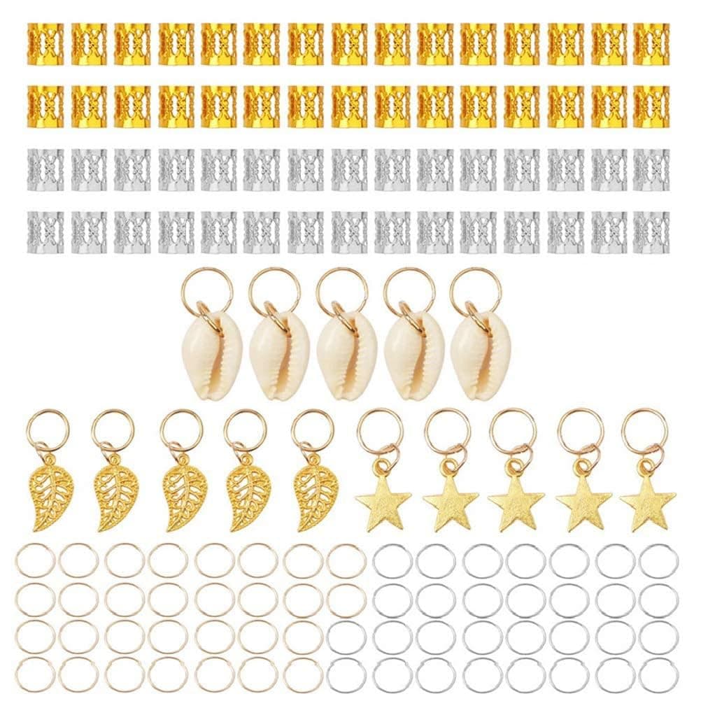 KASTWAVE Hair Jewelry for Braids, 140 Pieces Hair Jewelry Aluminum Hair Accessories Dreadlocks Beads Metal Cuffs Hair Rings Shell Charms Hair Coils Braiding Hair Decoration Clips