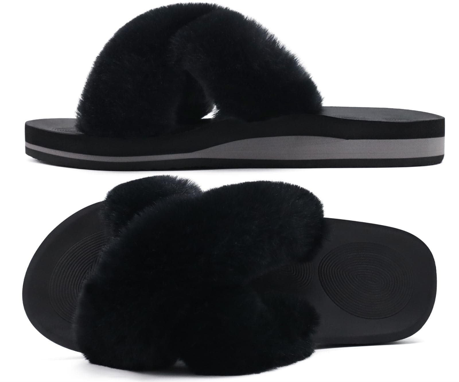 COFACE Womens Fuzzy Slides Fluff Fax Fur Cross Slippers Open Toe Yoga Mat House Slipper Sandals With Arch Support For Indoor/Outdoor