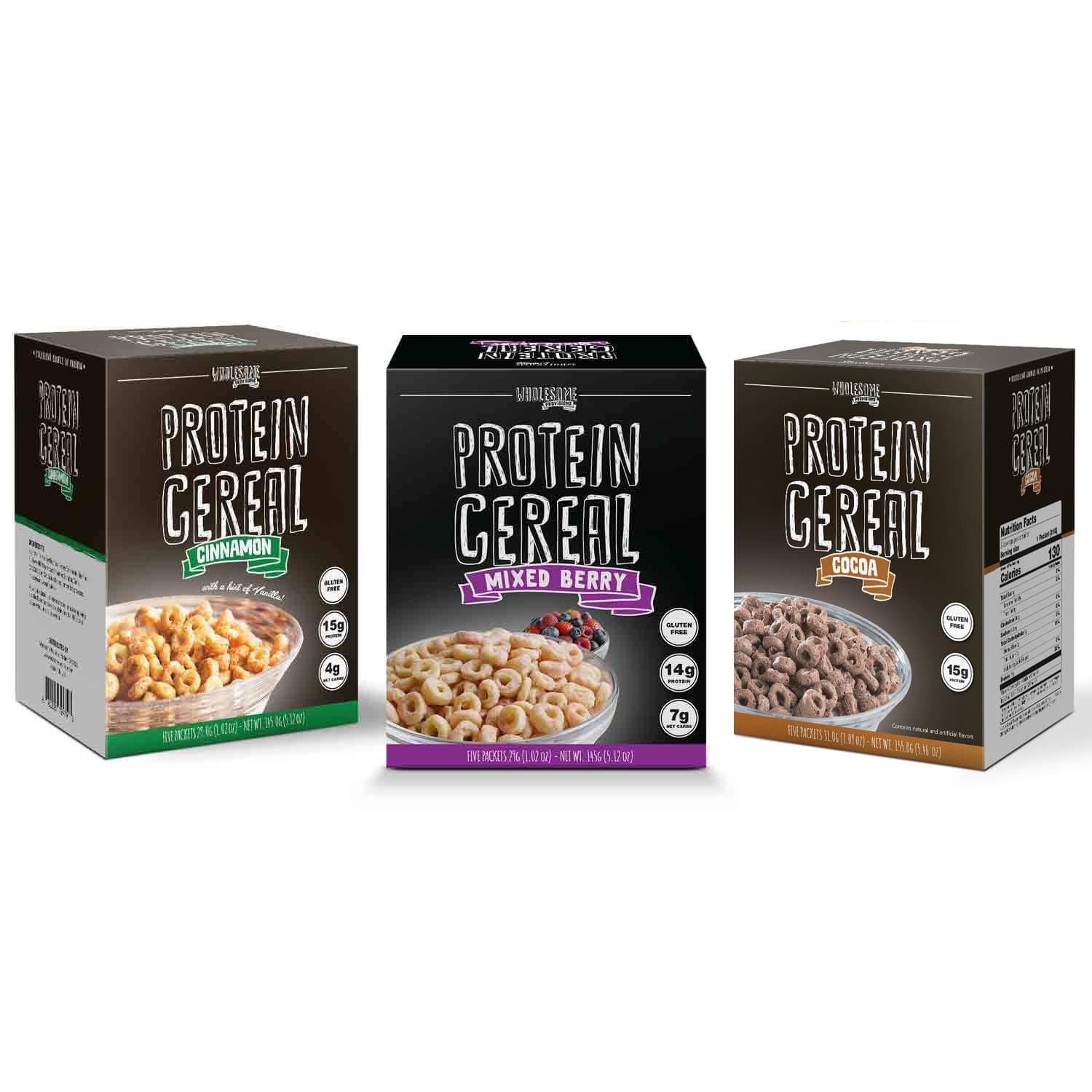 Protein Cereal, Low Carb Cereal, High Protein Cereal, 15g Protein, 5g-6g Net Carbs, High Performance Cereal, 5 Individual Macro-Controlled Packages (3 Pack - Cocoa, Cinnamon, & Mixed Berry)