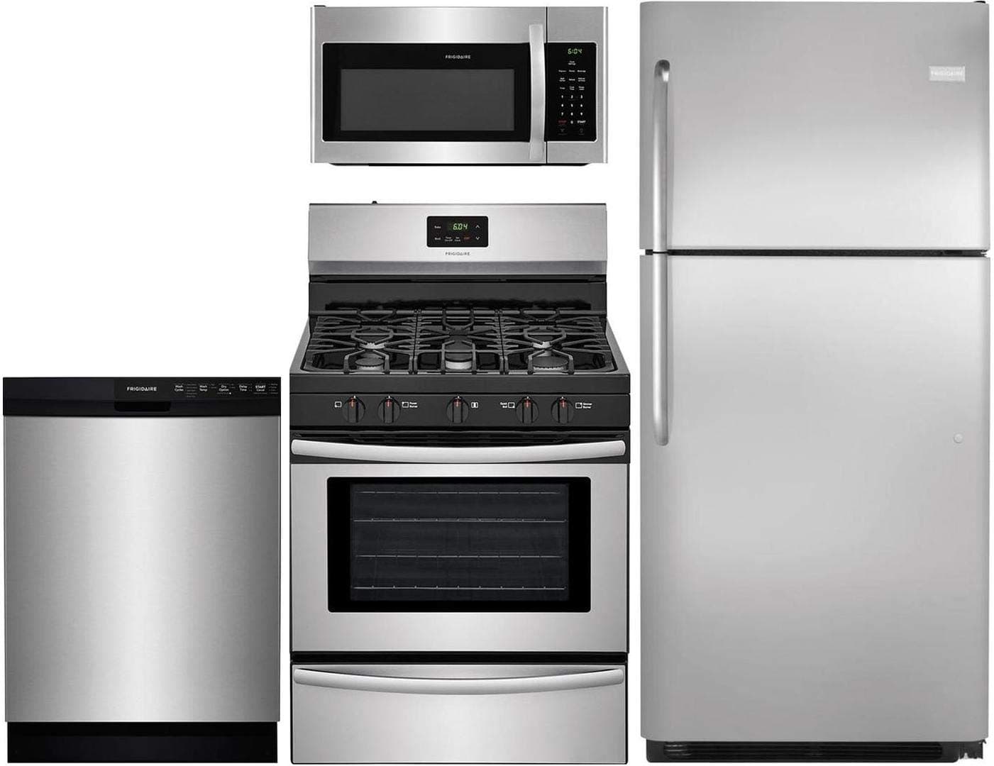 Frigidaire 4-Piece Kitchen Package with FFTR2021QS 30" fridge, FFGF3052TS 30" Gas Range, FFMV1645TS 30" Over the Range Microwave and FFBD2412SS 24" Built In Full Console Dishwasher in Stainless Steel