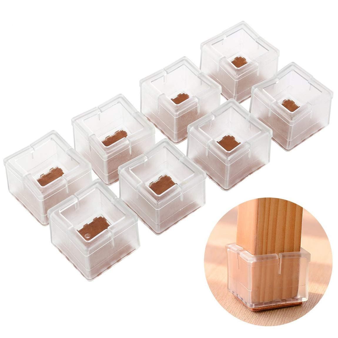 FABSELLER Transparent Square Chair Table Leg Caps, Rubber Feet Cups Pads Table Covers Wood Floor Silicone Protectors Furniture Feet Covers (8Pcs)