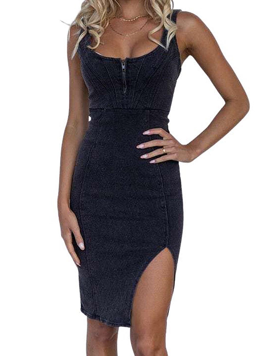utcoco Denim Dress for Women Sleeveless Side Slit Bodycon Midi Jean Dresses for Women 2026