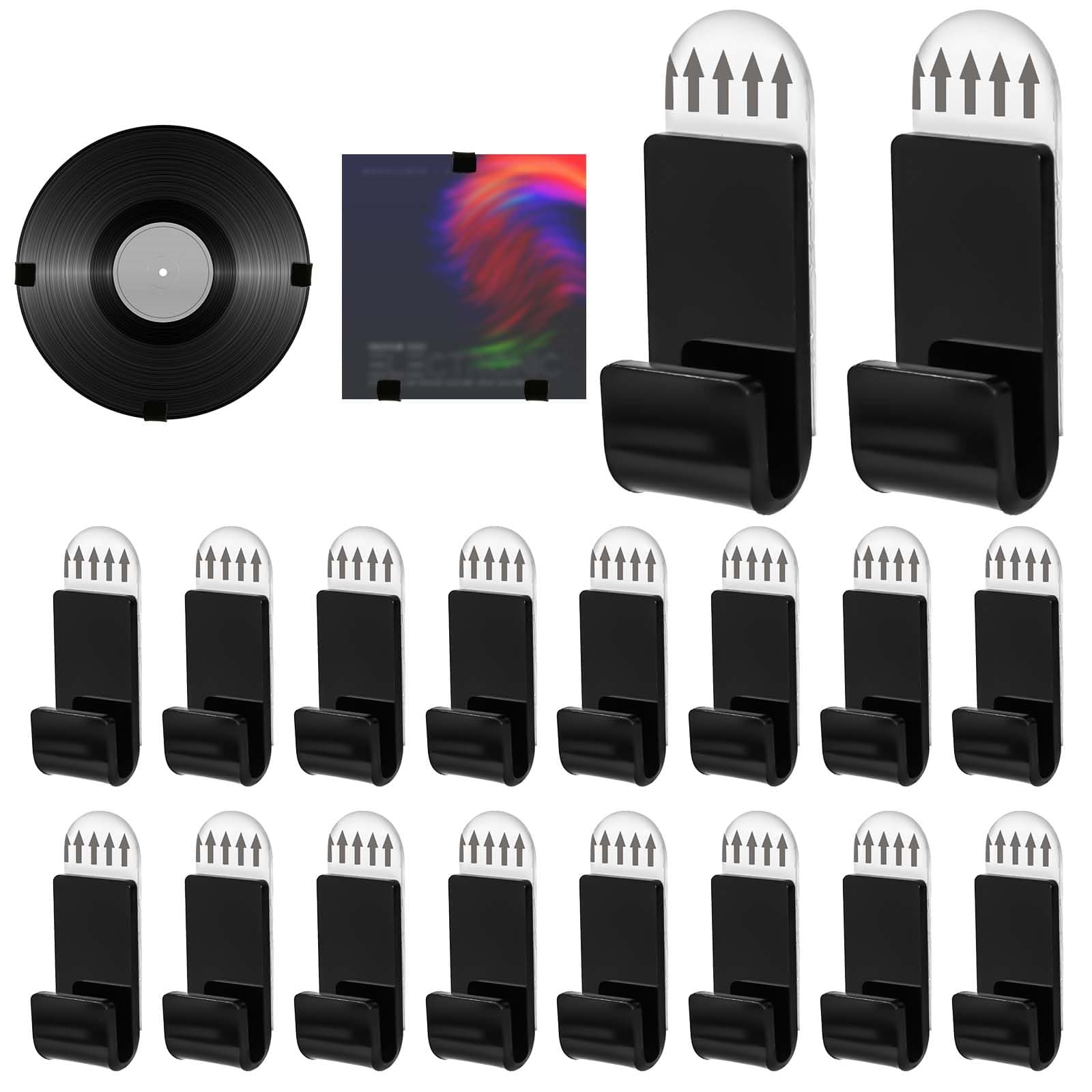 18pcs Vinyl Record Wall Mount Shelf, Nail-Free Vinyl Record Holder Display Self-Adhesive Acrylic Album Storage Hanger for Collection Magazine CD Card Home Office Decoration (Black)
