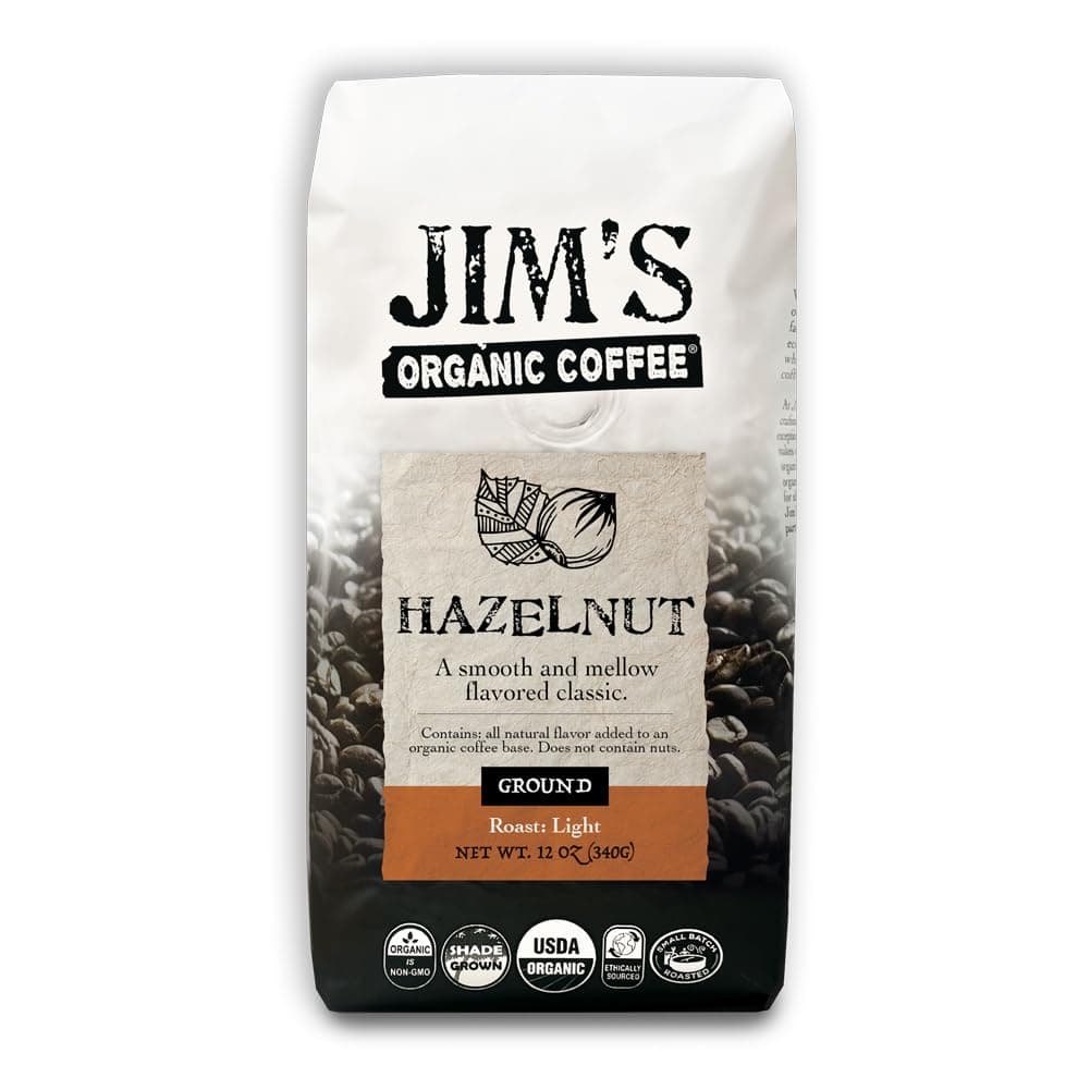 Jim’s Organic Coffee – Hazelnut, All Natural Flavored Blend – Light Roast, Ground Coffee, 12 oz Bag