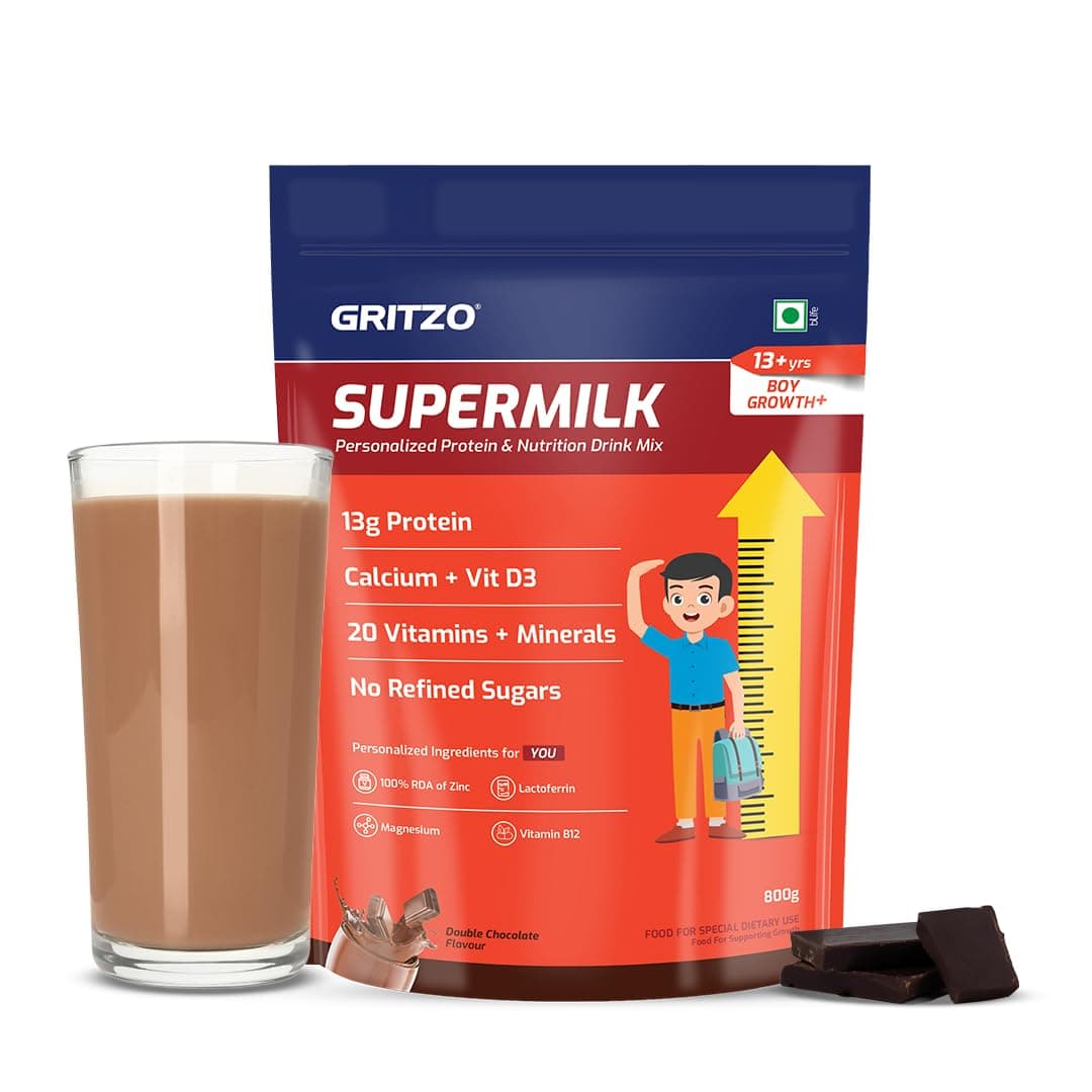 Gritzo SuperMilk Growth+ (13+y Boys), 13g Protein Powder (Double Chocolate, 800g) | Zero Refined Sugar, 20 Vitamins & Minerals
