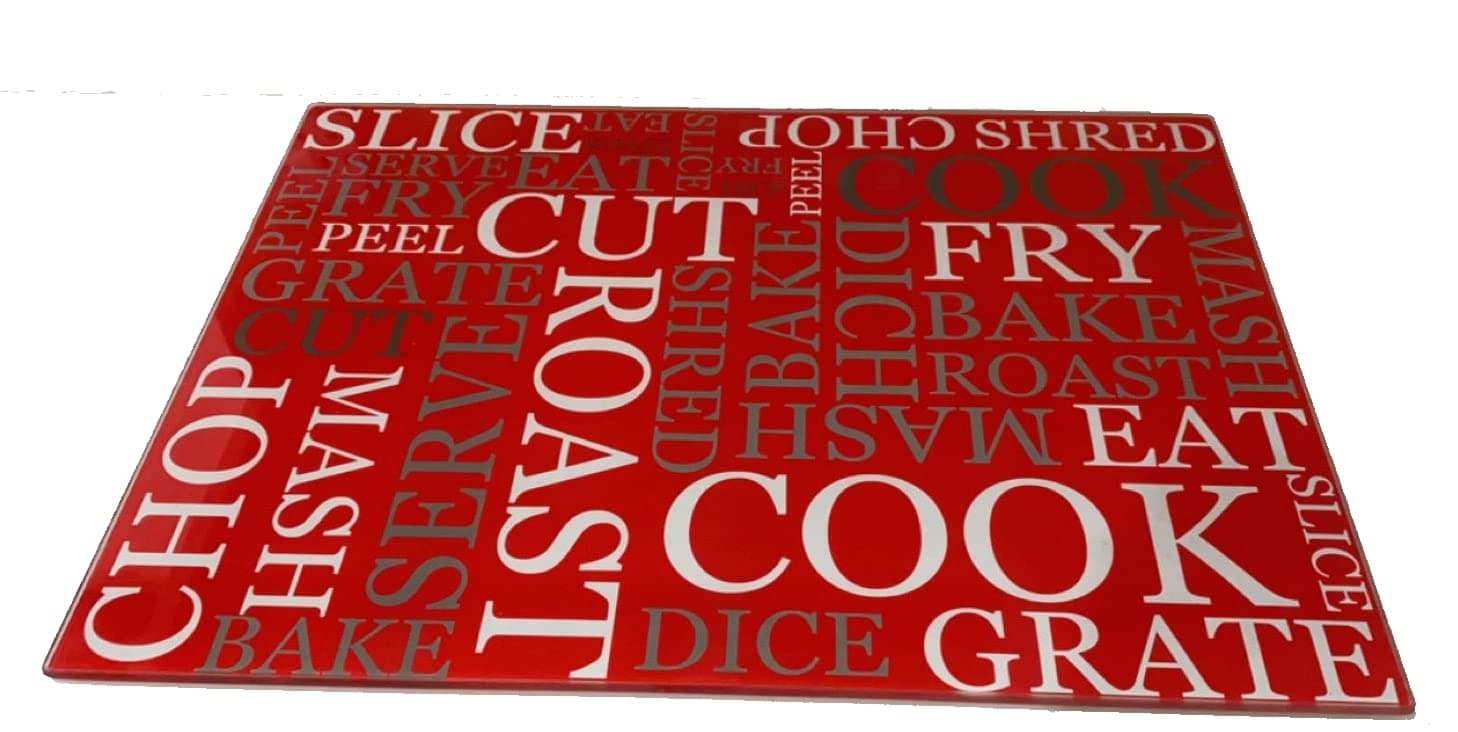 Acense Tempered Glass Worktop Saver, Toughened Glass, Smooth Edges, Rounded Corners, Chopping Board, Non-Slip Rubber Feet, Multi-Purpose, Stain-Resistant 40 x 30 cm (Red with White Writing)