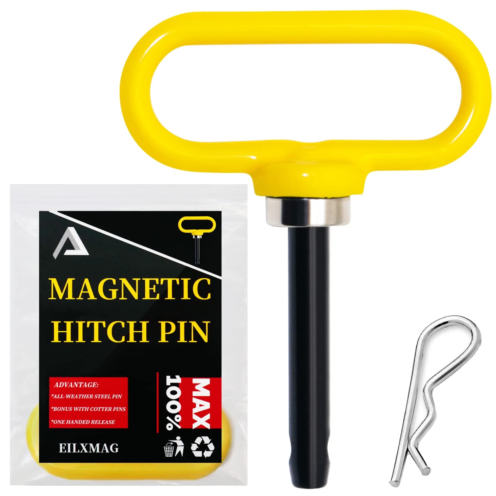 Magnetic Hitch Pin, Lawn Mower Trailer Hitch Pins 1/2 Inch - Strong Heavy Duty Magnet Trailer Gate Pin for Mowers, Lawn Tractors, Towing Cargo, ATV - Simple One Handed Hook On & Off(Yellow)