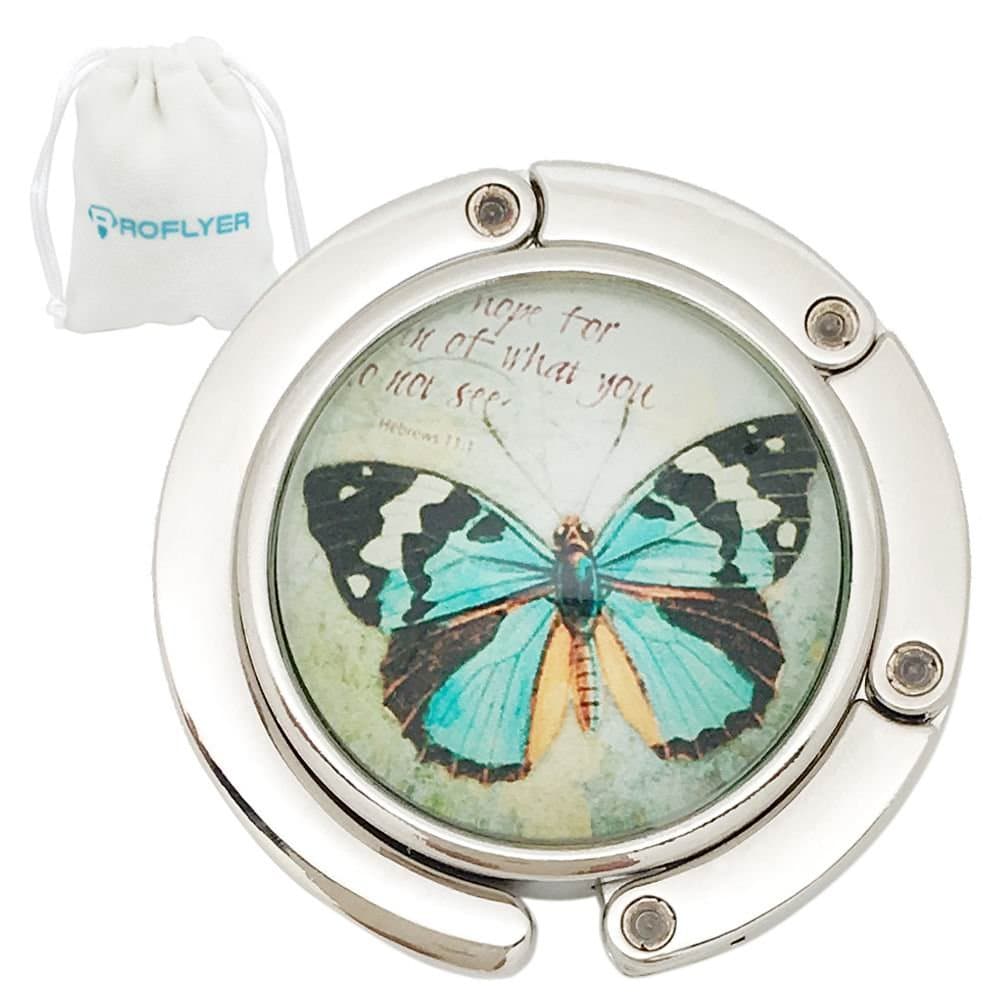 Royceflyer ROFLYER Round Purse Hook - Foldable Handbag Hanger Safer Cleaner Bag, Fold Up Folding Table Hanger, with Velvet Pouch (Butterfly)