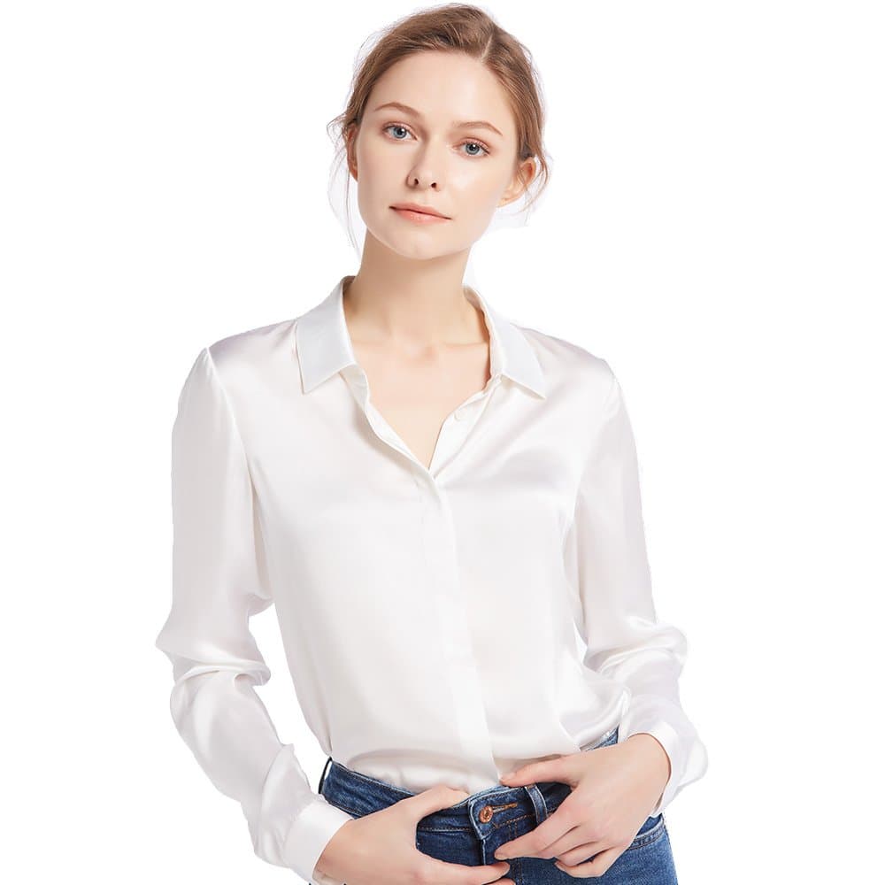 Womens Pure Silk Shirt Ladies Button Down Classic Blouse Tops with Point Collar and Hidden Placket for Casual Business Multiple Occasions