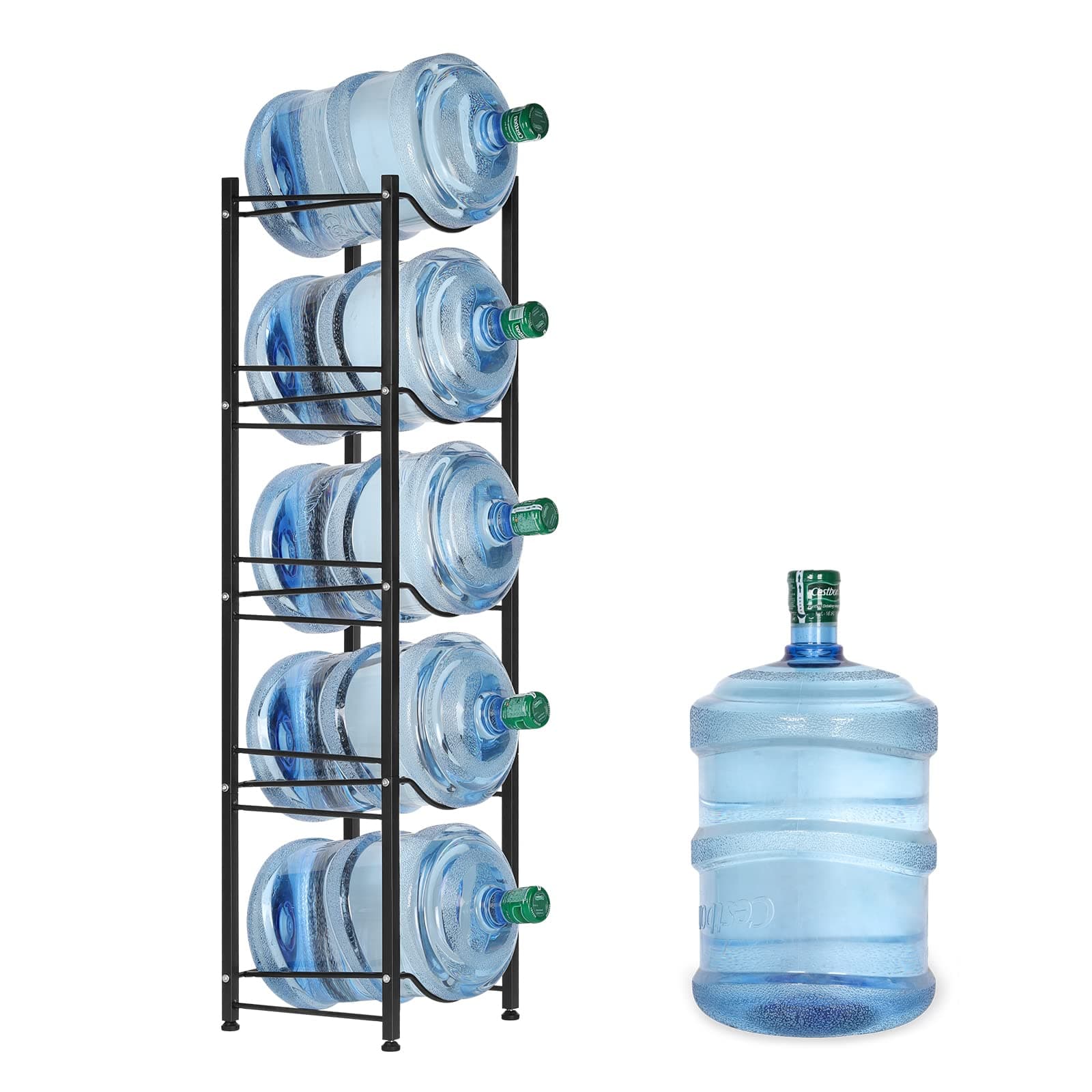 HEOMU 5 Gallon Water Jug Rack, 5-Tier Water Bottle Holder Storage Rack, Water Jug Organizer for Kitchen, Office, Garage, Dark Black