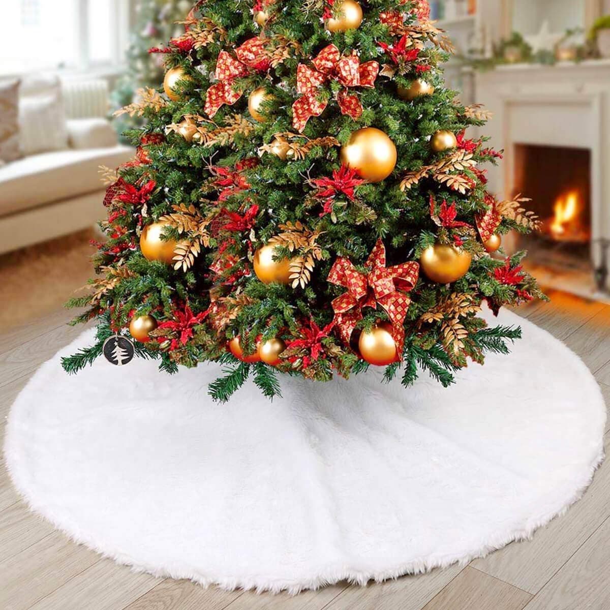 AMAES Christmas Tree Skirt Pure White Faux Fur Tree Skirt for Merry Christmas & Party Holiday Home Decorations (35 Inches)