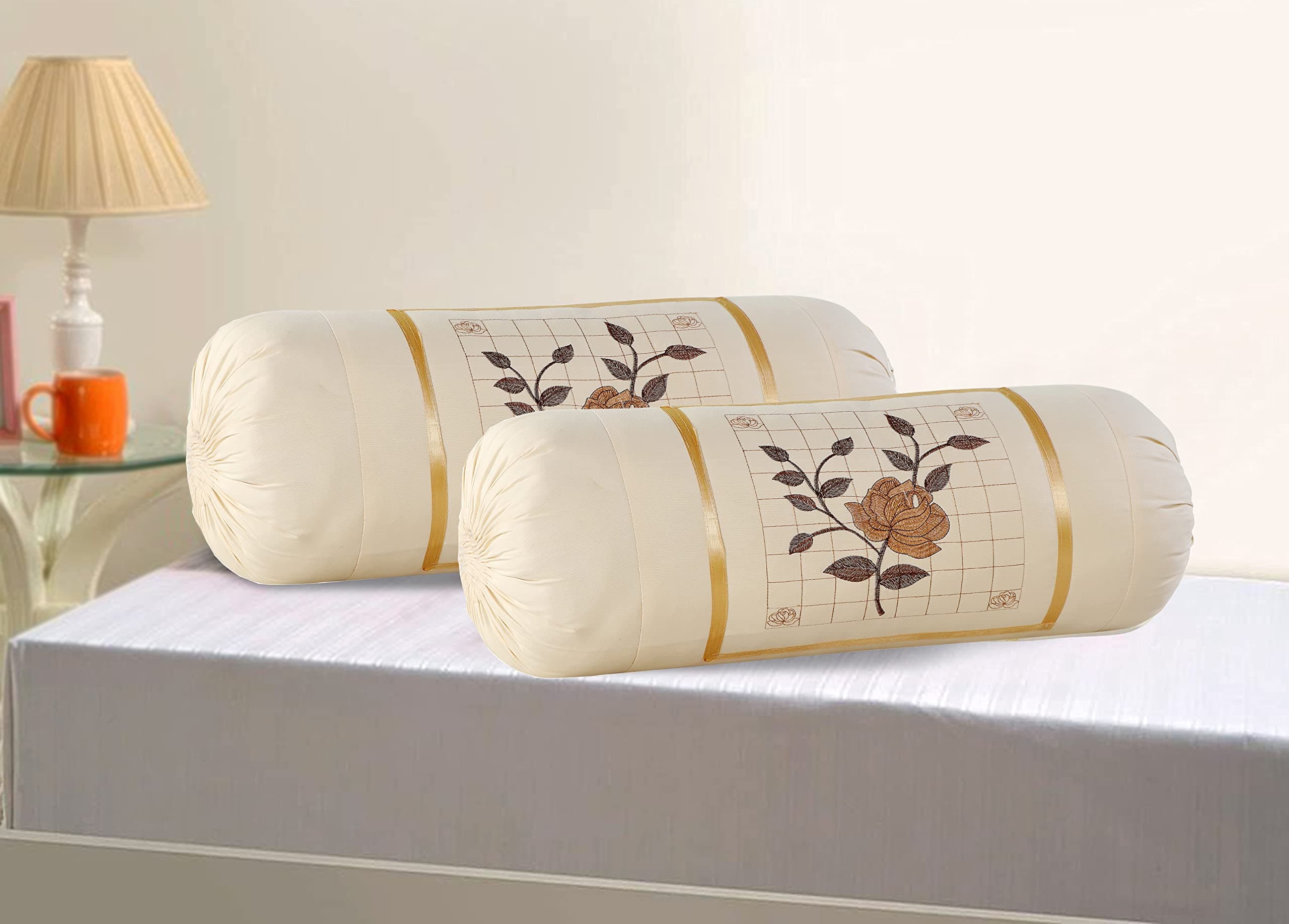 Cotton Rose Embroidery Bolsters Covers Set of 2 Piece (Cream(Skin))
