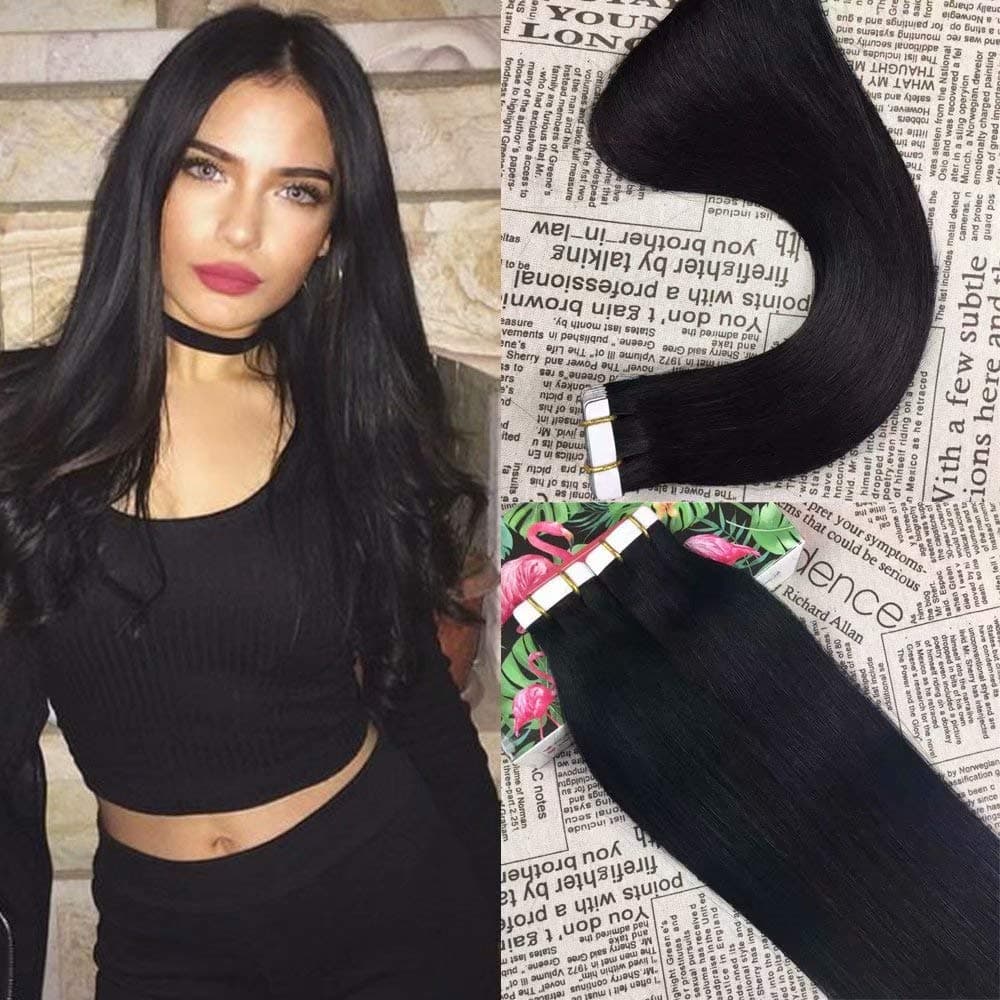 HIKYUU 24 Inches 50g/20pcs Tape in Black Hair Extensions Human Hair #1 Jet Black Seamless Tape in Hair Extensions Real Human Hair