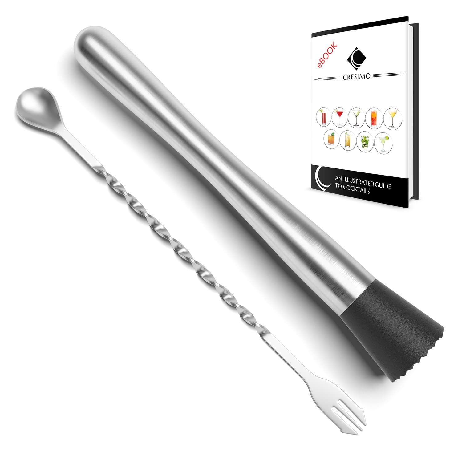 10 inch Stainless Steel Muddler for Cocktails and Mixing Spoon with Cocktail Recipes Book - Professional Home Bar Cocktail Muddler Set for Creating Mojitos, Margaritas & Fruit Based Drinks - Cresimo