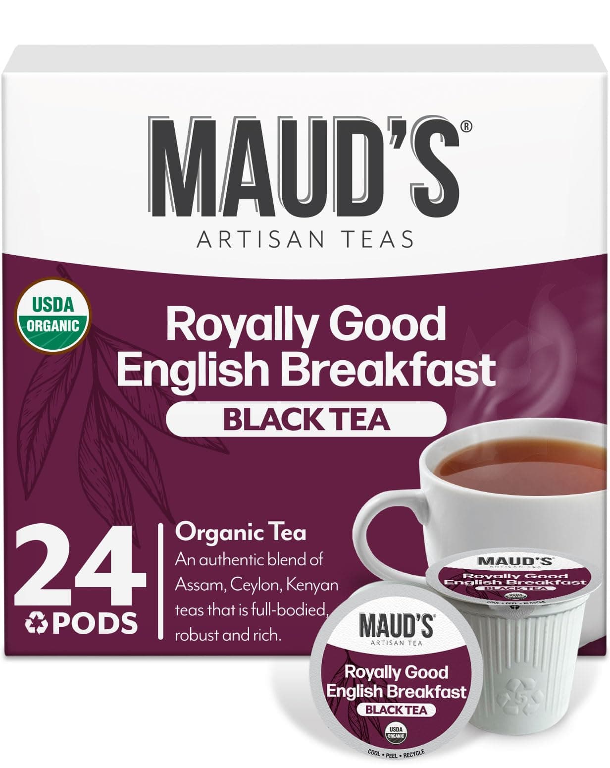 Maud's Organic English Breakfast Black Tea Pods, 24 ct, Single Serve Pods – 100% Gourmet Blended Tea Leaves, Compatible with Keurig K Cups Maker