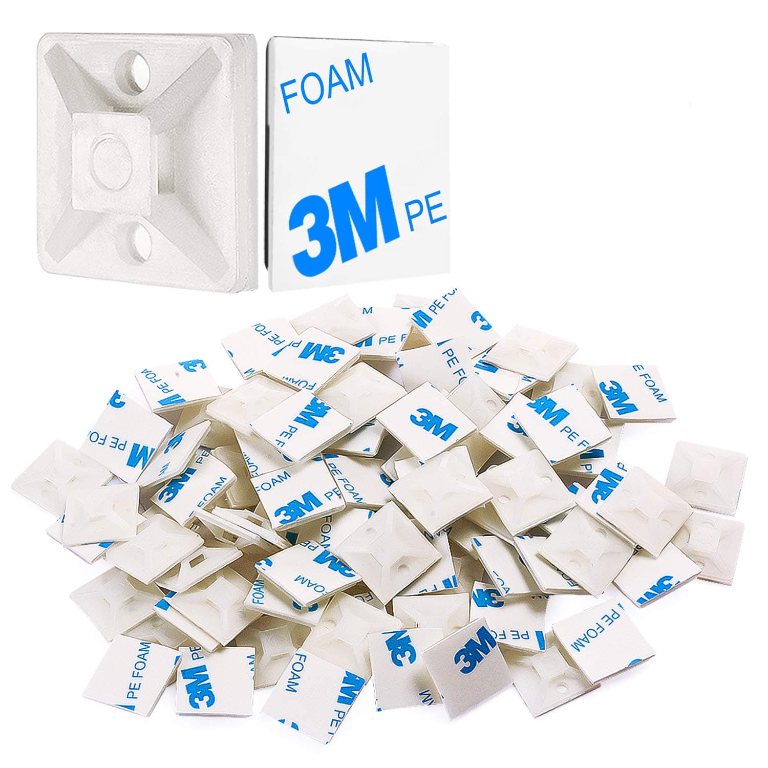 100 PCS 3/4" White Self Adhesive Cable Zip Tie Mounts Wire Cable Clips Holders Management Anchors Organizer Holders Squares(HS-101S)