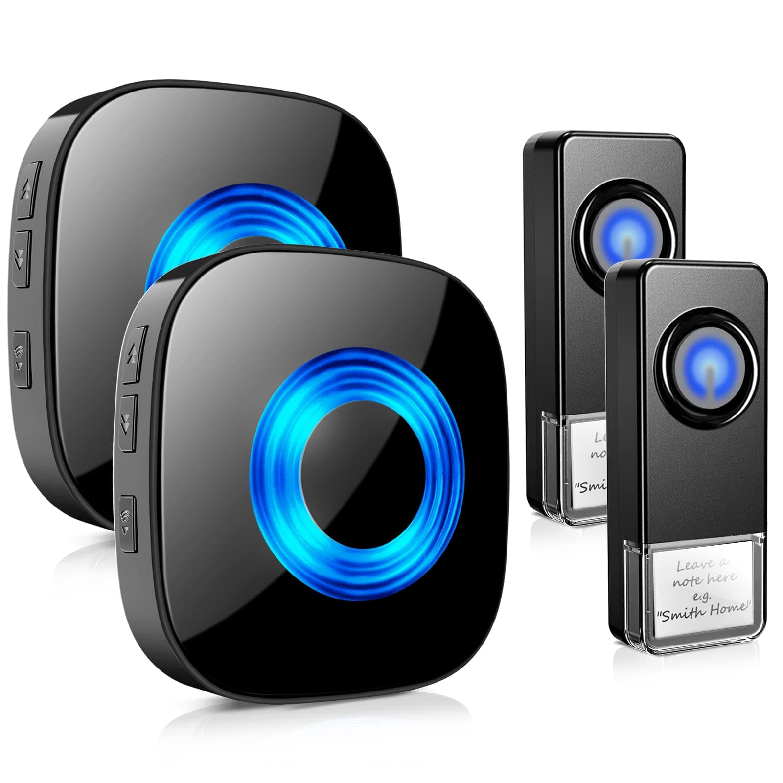 Wireless Doorbell 2 Receivers 2 Push Buttons, PHYSEN Waterproof Door Chime Kit Operating at 1300-ft, Adjustable 58 Melodies & 5 Volume Levels LED Strobe, Door Bell for Home Office Classroom, Black