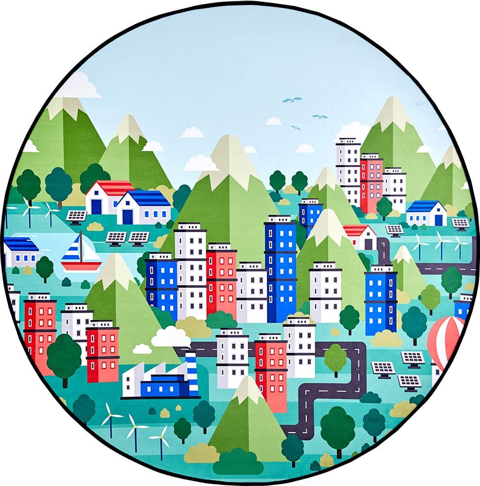 GABWE Kids Round Rug Carpet Playmat City Life with Non-Slip Backing Play Safe Learn Educational & Have Fun for Children Baby Bedroom Play Room Game Nursery Diameter 47.2"