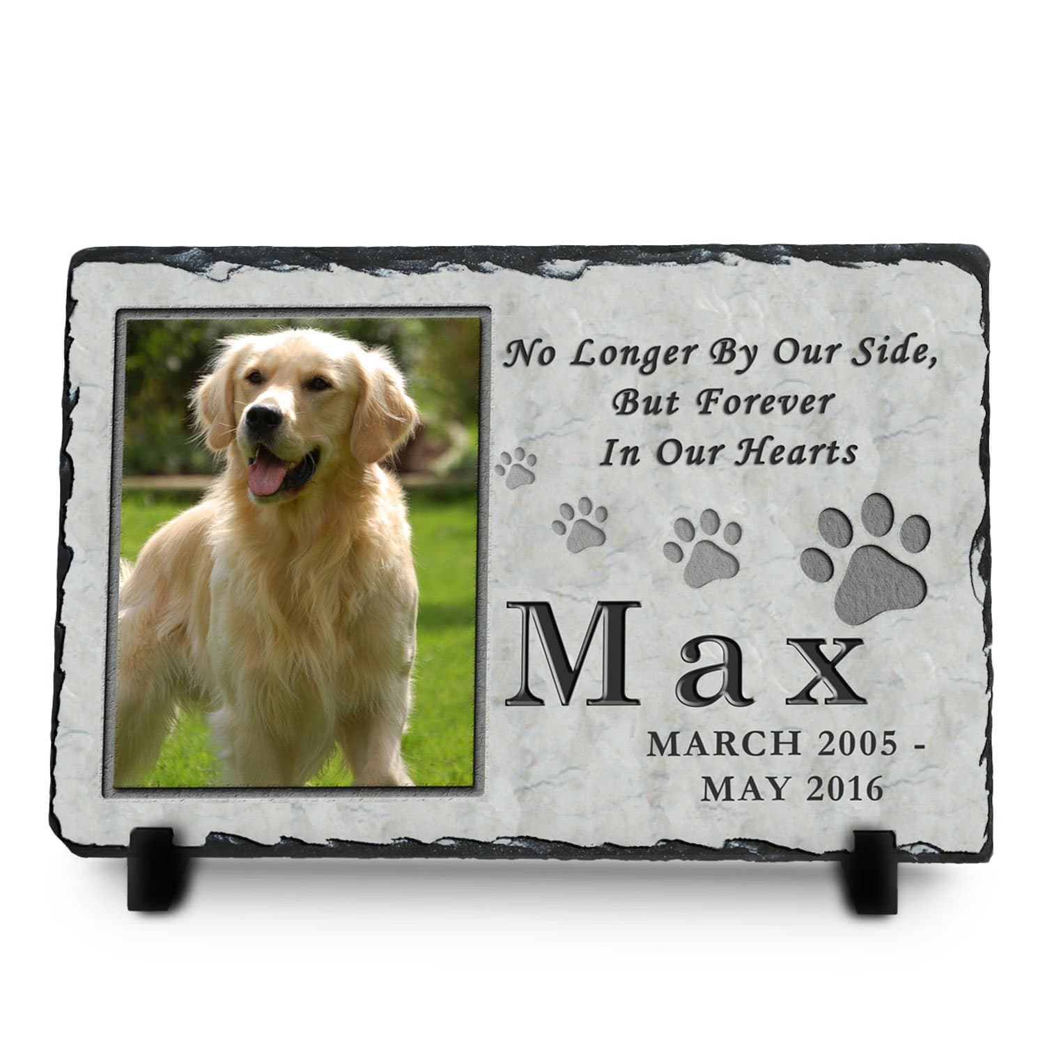 Custom Pet Memorial Stone | Pet Remembrance Slate | Memorial Stone Plaque | Personalized Dog or Cat Photo | No Longer by Our Side, But Forever in Our Hearts (8x12 in)