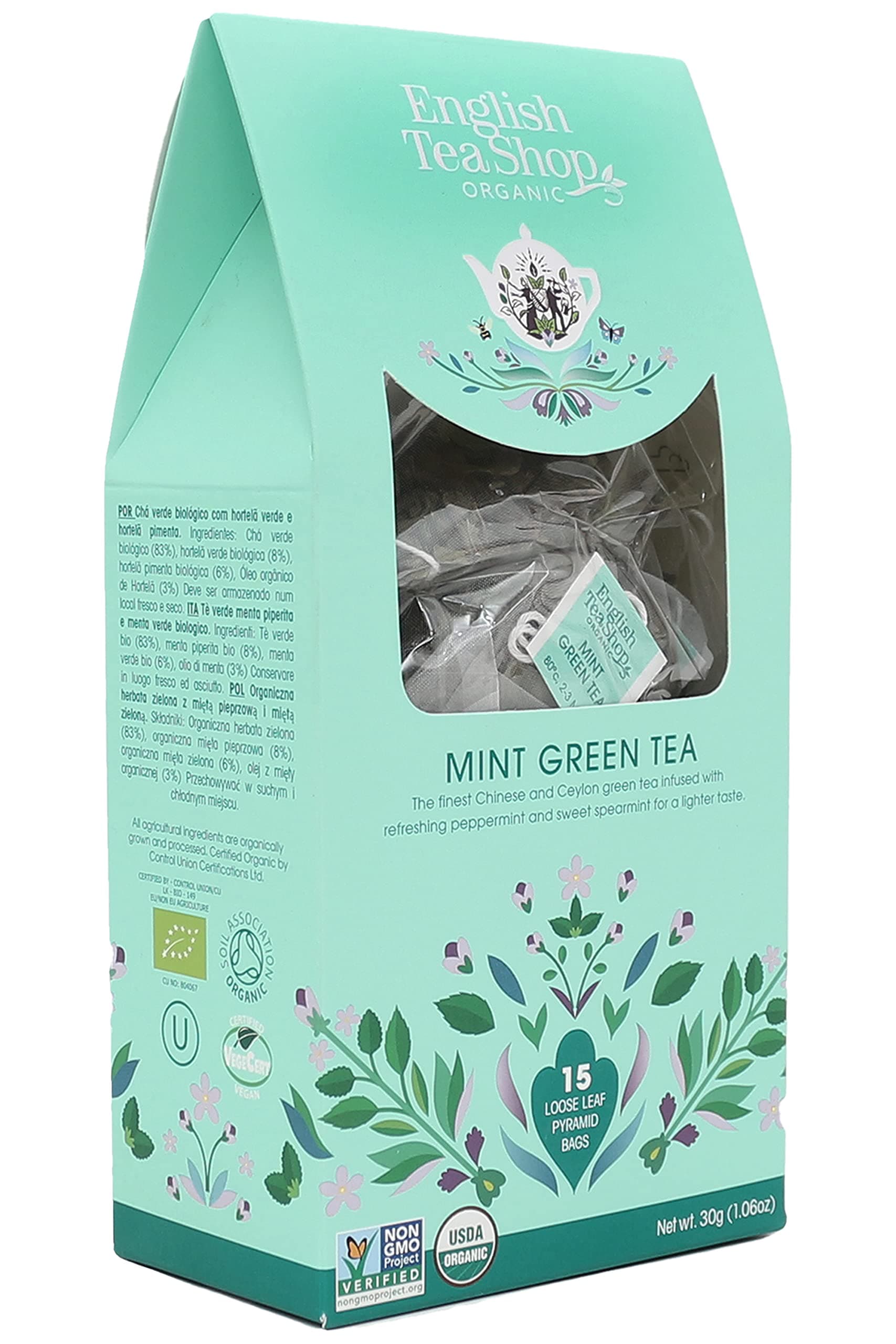 Mint Green Tea, 15 Fairtrade & Organic Loose Leaf Silken Pyramid Infuser Bags, 30g