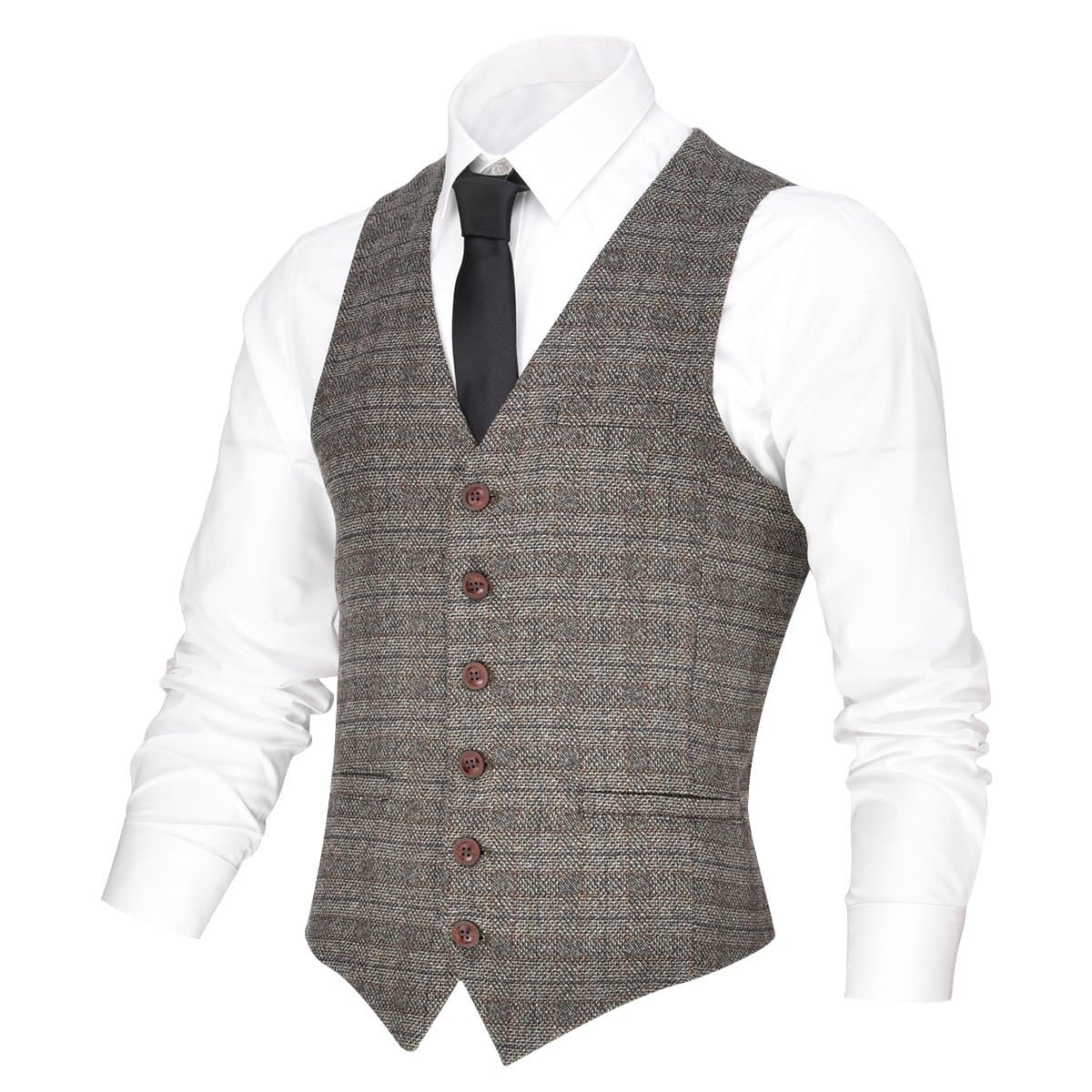 VOBOOM Men's V-Neck Suit Vest Casual Slim Fit Dress 6 Button Waistcoat