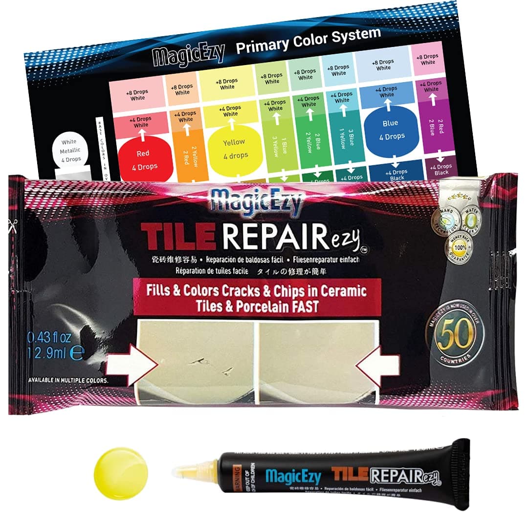 MagicEzyTile RepairEzy (Yellow) - Ceramic Tile Chip Repair Filler - Porcelain Crack Repair Kit - Gap Filler - Tile Putty - Bathroom Floor Tiles, Counter Tops - Wall Touch Up Pen