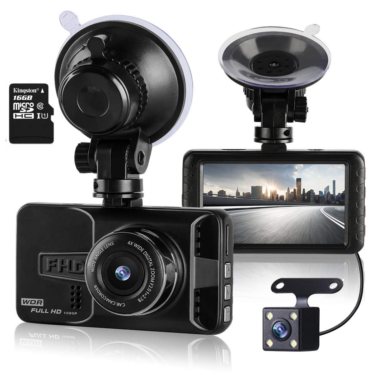 ULU Car Dash Cam Full HD 1080P 170°Wide Angle Front and Rear Dual Lens Digital Dashboard Camera Car DVR with 16GB SD Card 3 inch LCD G-Sensor Parking Monitor WDR Loop Recording Night Vision