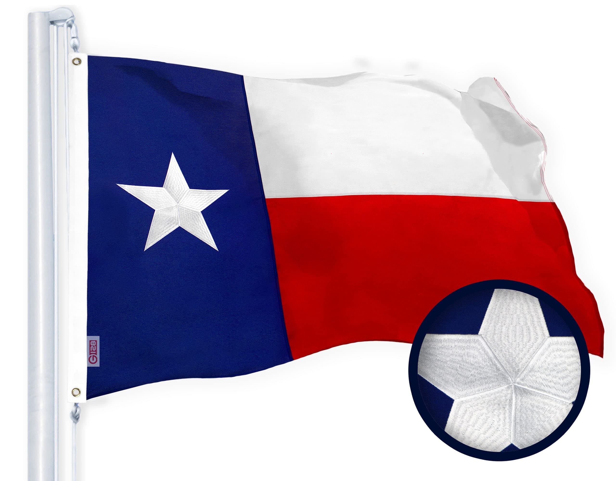 - G128 Texas State Flag | 3x5 Ft | StormFlyer Series Embroidered 220GSM Spun Polyester | Embroidered Design, Indoor/Outdoor, Brass Grommets, Heavy Duty, All Weather
