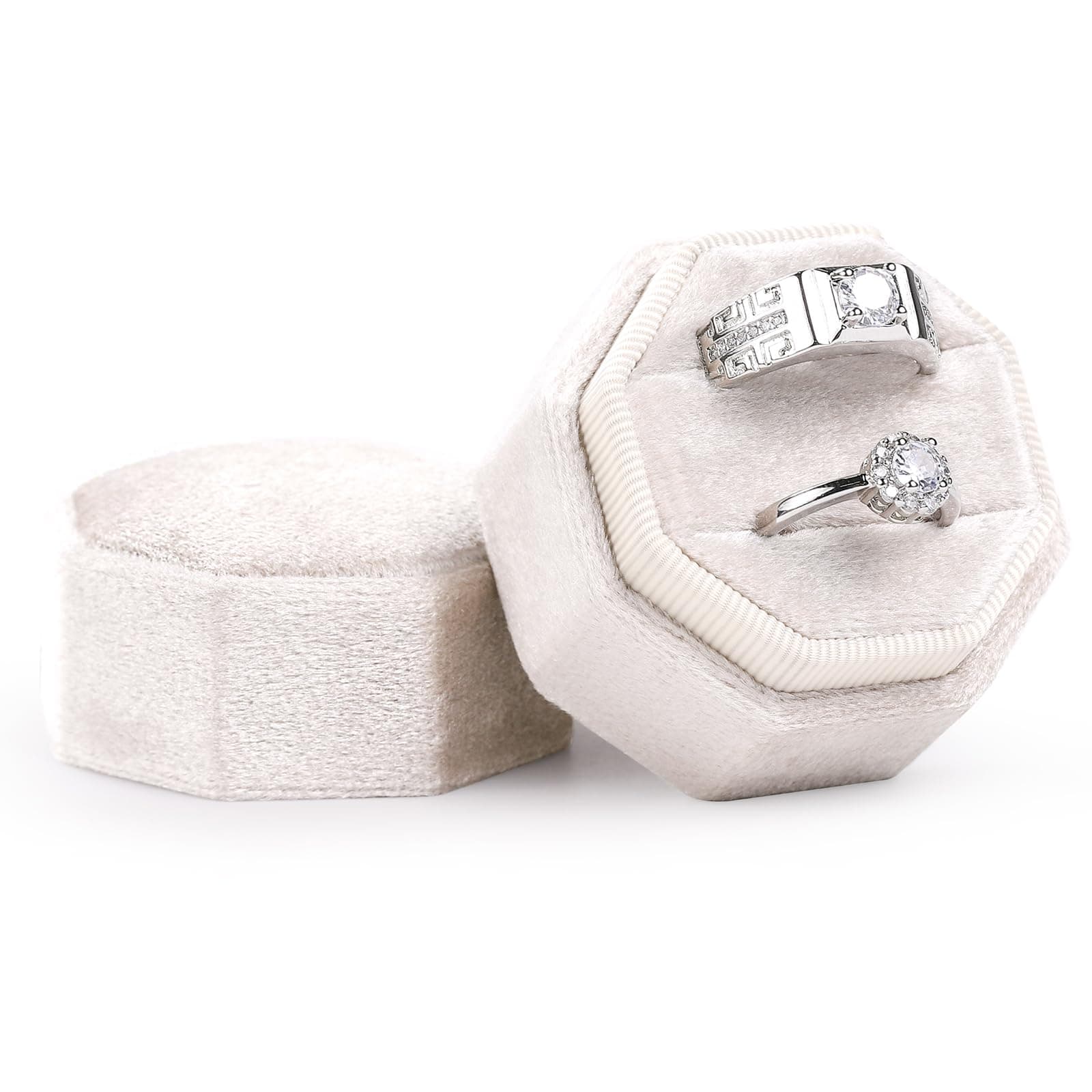 EtercycleEtercycle Velvet Ring Box, Octagon Gorgeous Vintage Double Jewelry Ring Gift Box with Detachable Lid for Proposal Engagement Wedding Ceremony (Beige)